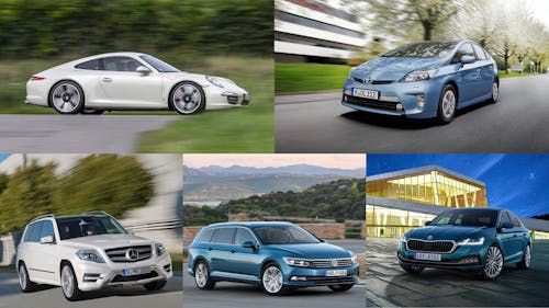  Ein Porsche 911 der Baureihe 991, ein Toyota Prius der dritten Generation, ein Mercedes GLK, ein VW Passat der achten Generation, ein Škoda Octavia der dritten Generation sind abgebildet.