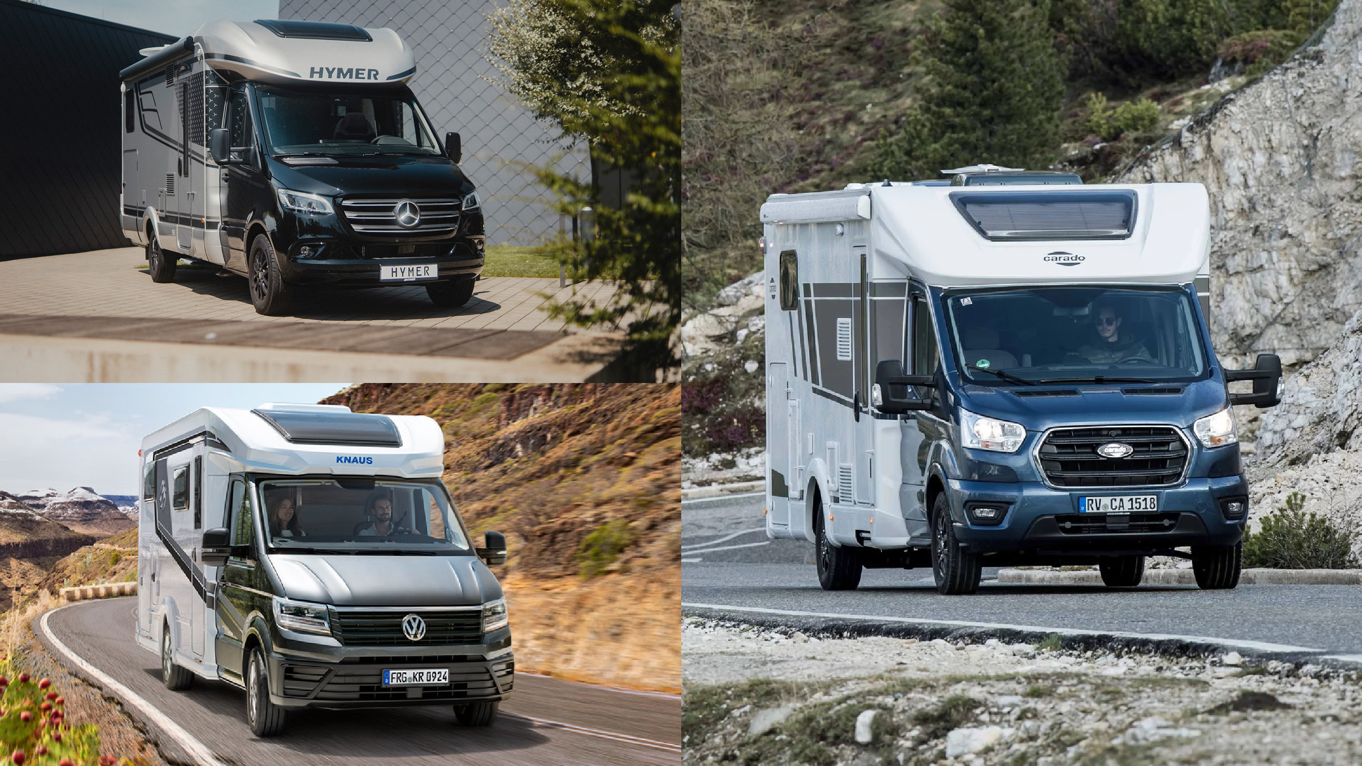 Eine Collage mit drei Wohnmobilen: Hymer auf Mercedes-Basis oben links, Knaus mit VW-Front unten links und Carado mit Ford-Front rechts auf einer Bergst