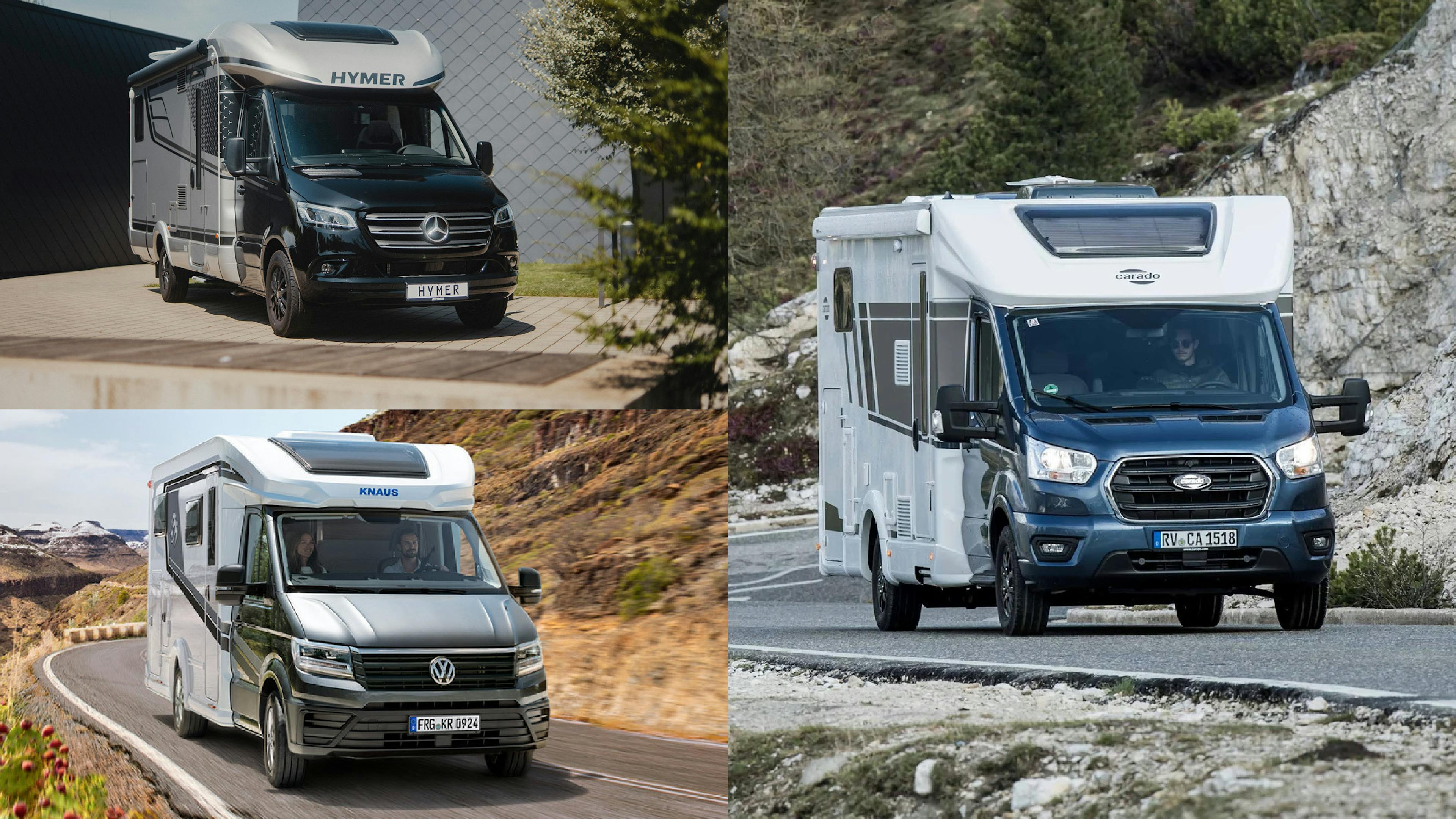 Eine Collage mit drei Wohnmobilen: Hymer auf Mercedes-Basis oben links, Knaus mit VW-Front unten links und Carado mit Ford-Front rechts auf einer Bergst