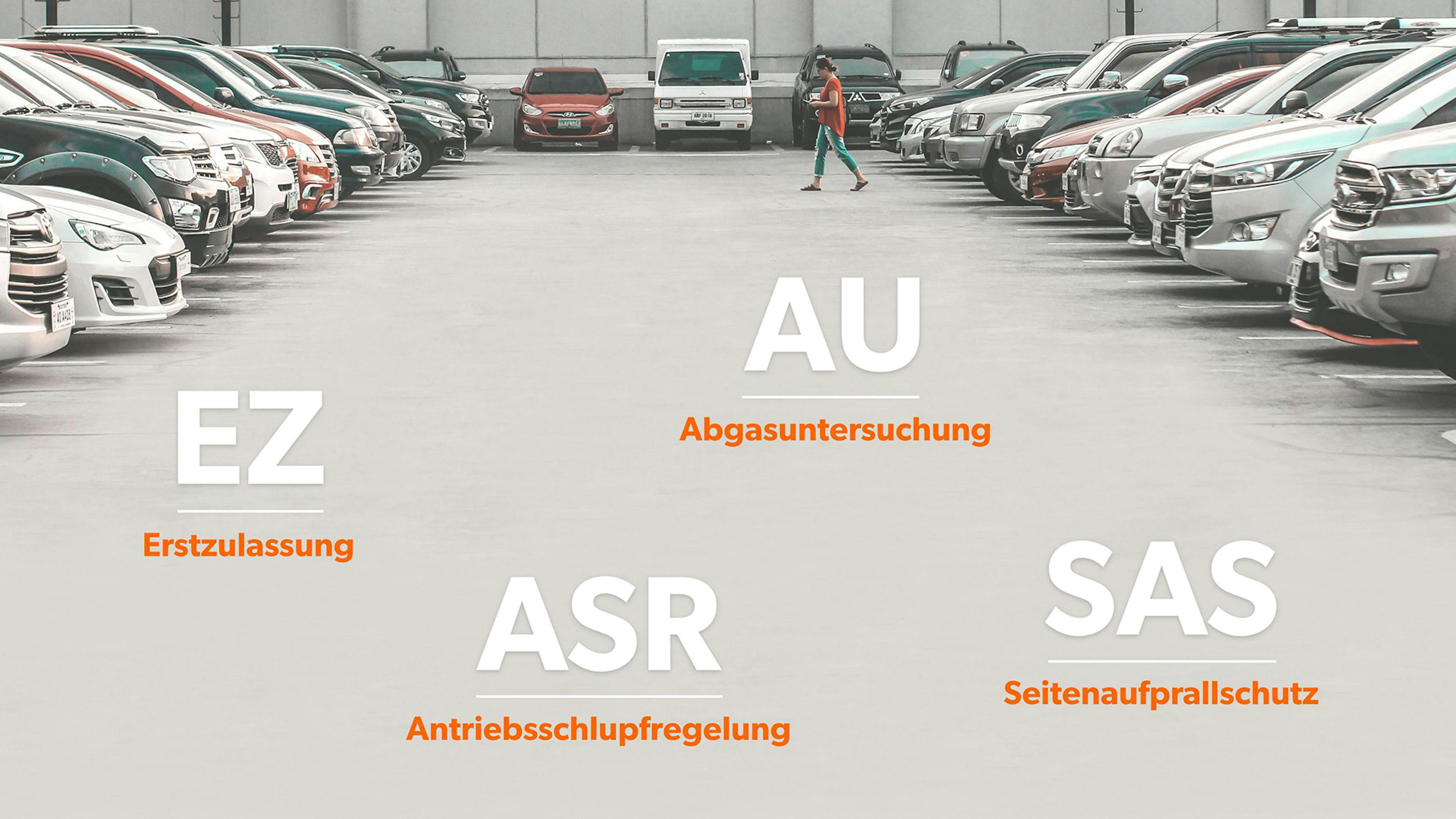 Eine Grafik mit Kfz-Abkürzungen über einem Bild, das einen voll belegten Parkplatz zeigt