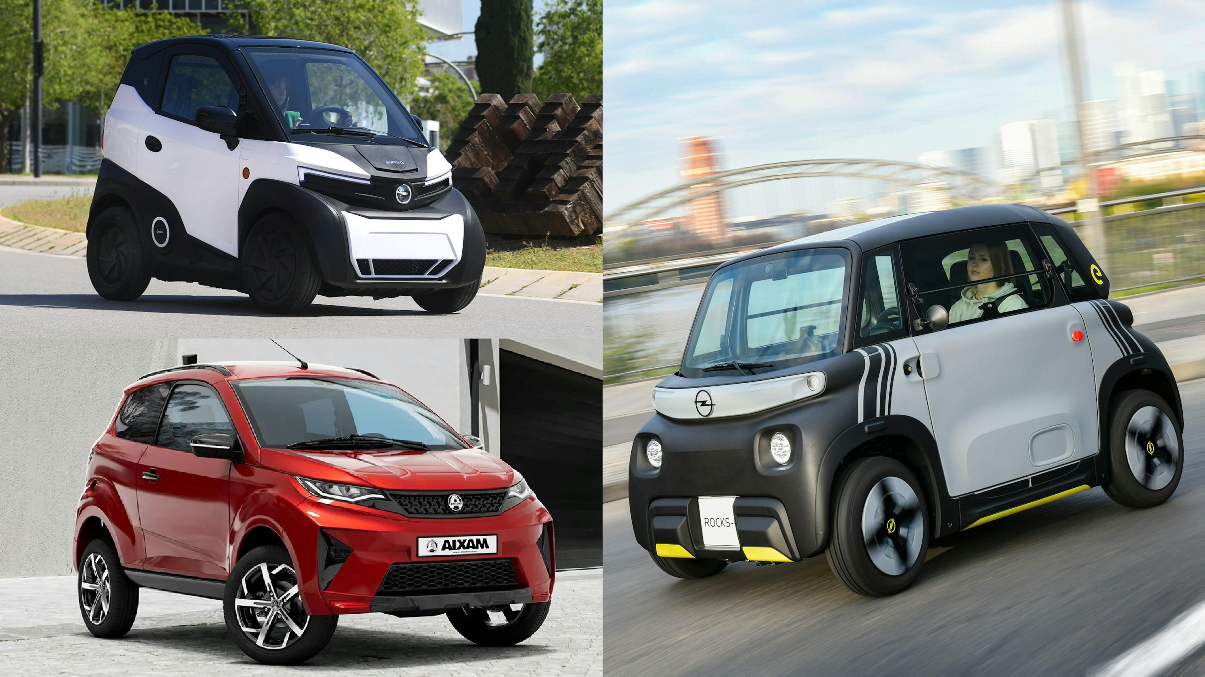Eine Collage mit einem Silence S04, einem Opel Rocks und einem Aixam Ambiant Crossover.