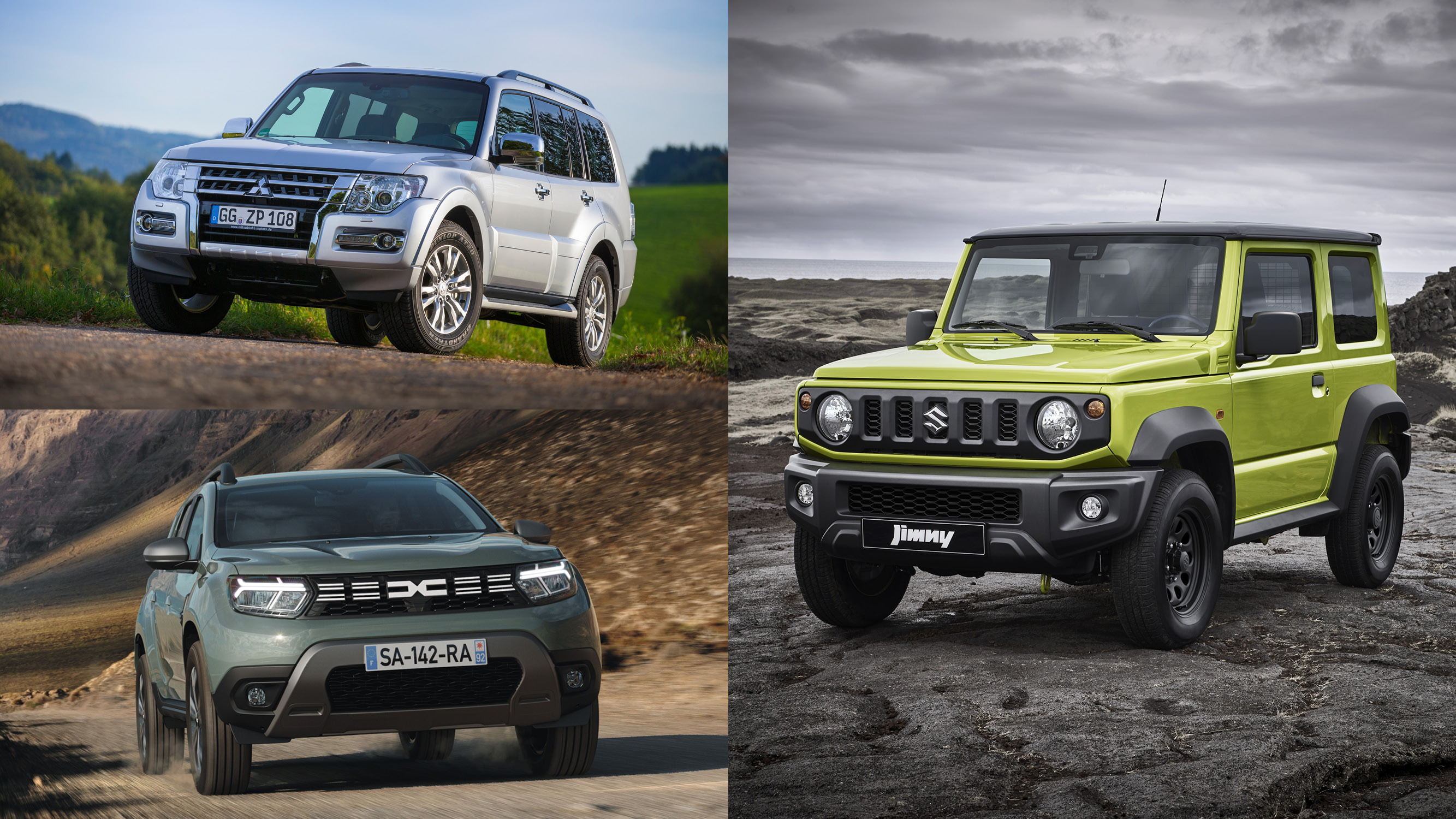 Eine Collage mit dem Mitsubishi Pajero, Dacia Duster 4x4 und Suzuki Jimny.