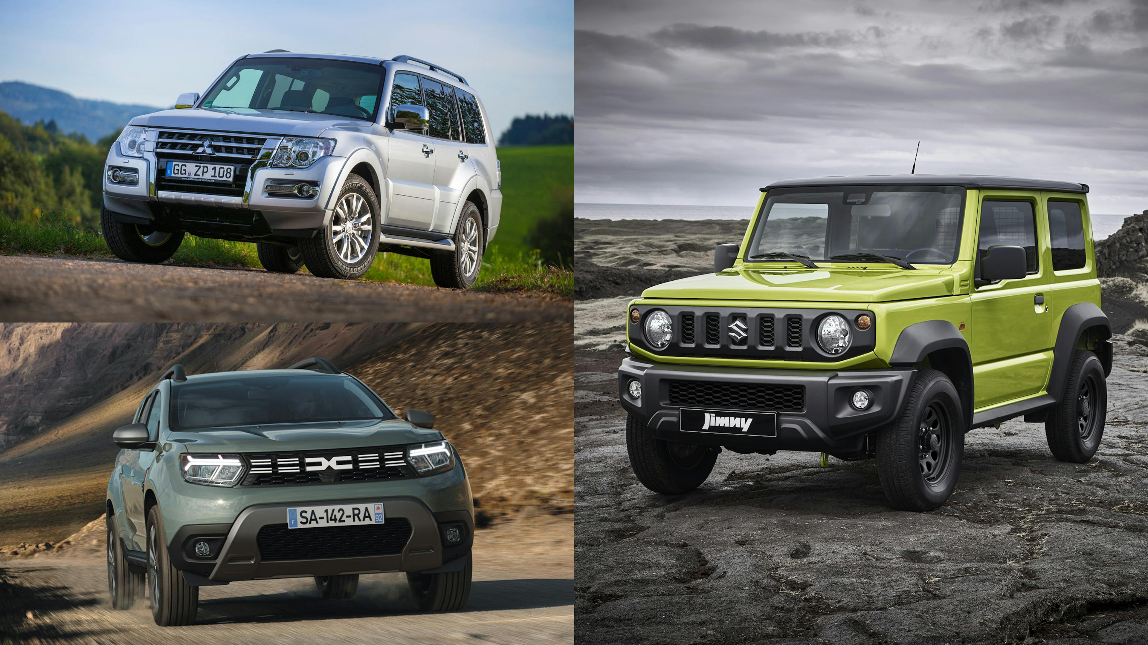 Eine Collage mit dem Mitsubishi Pajero, Dacia Duster 4x4 und Suzuki Jimny.