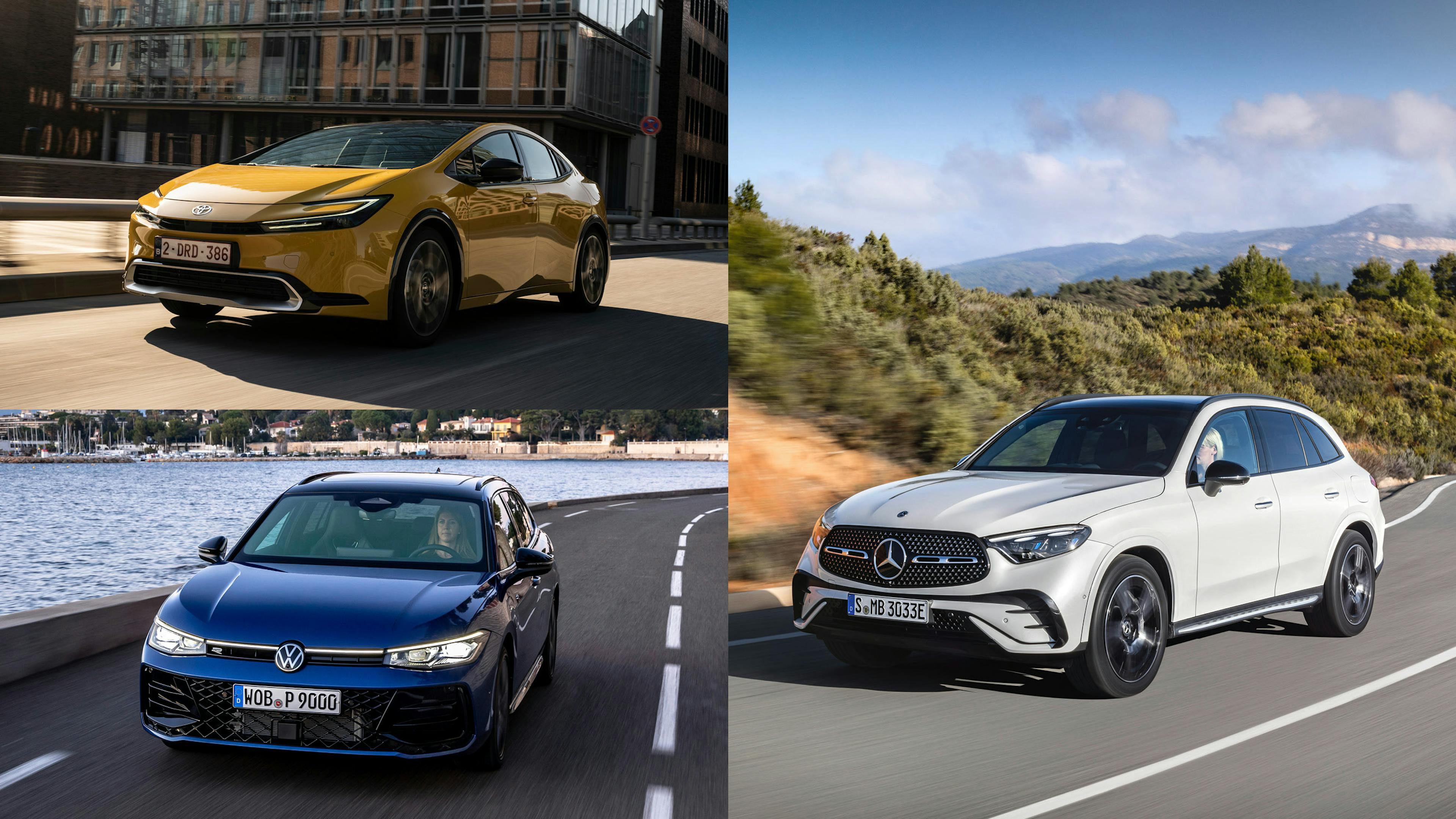 Eine Collage mit dem Toyota Prius Plug-in-Hybrid, dem Volkswagen Passat eHybrid und dem Mercedes GLC 300 e.