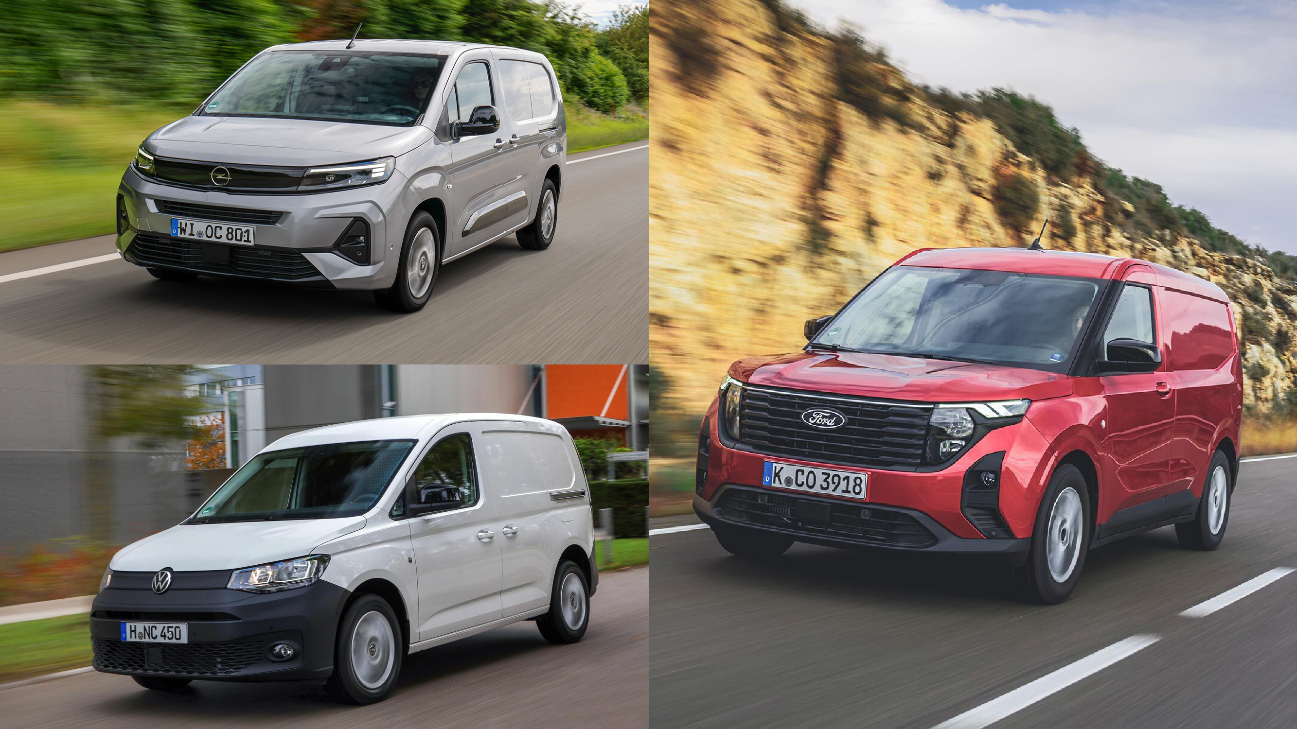 Eine Collage mit dem Opel Combo, VW Caddy und Ford Transit Courier.