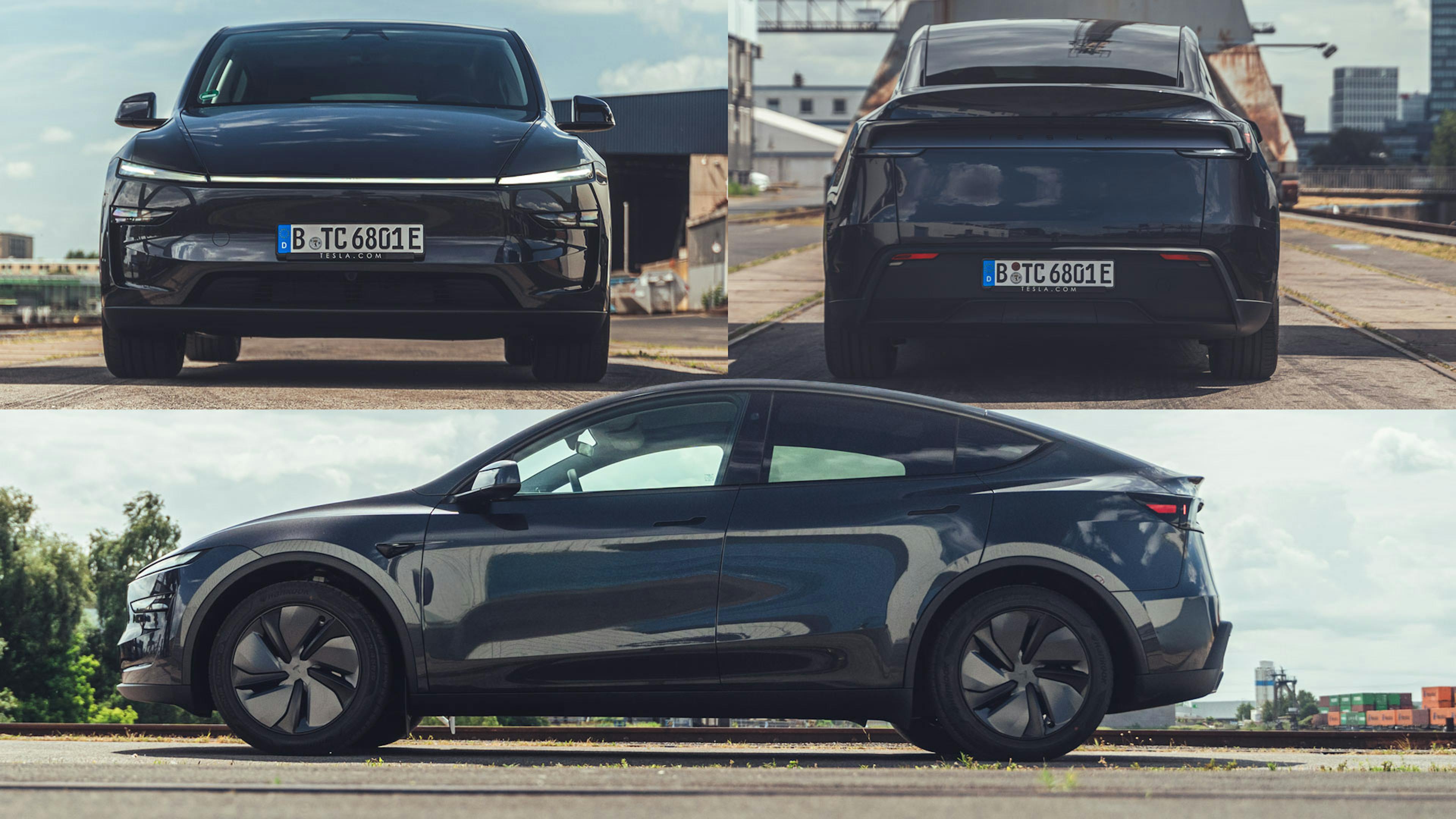 Ein dunkelgraues Tesla Model Y parkt im Sonnenschein in einem Hafengebiet. Es ist eine Collage mit Front-, Heck- und Seitenansicht des Autos. 