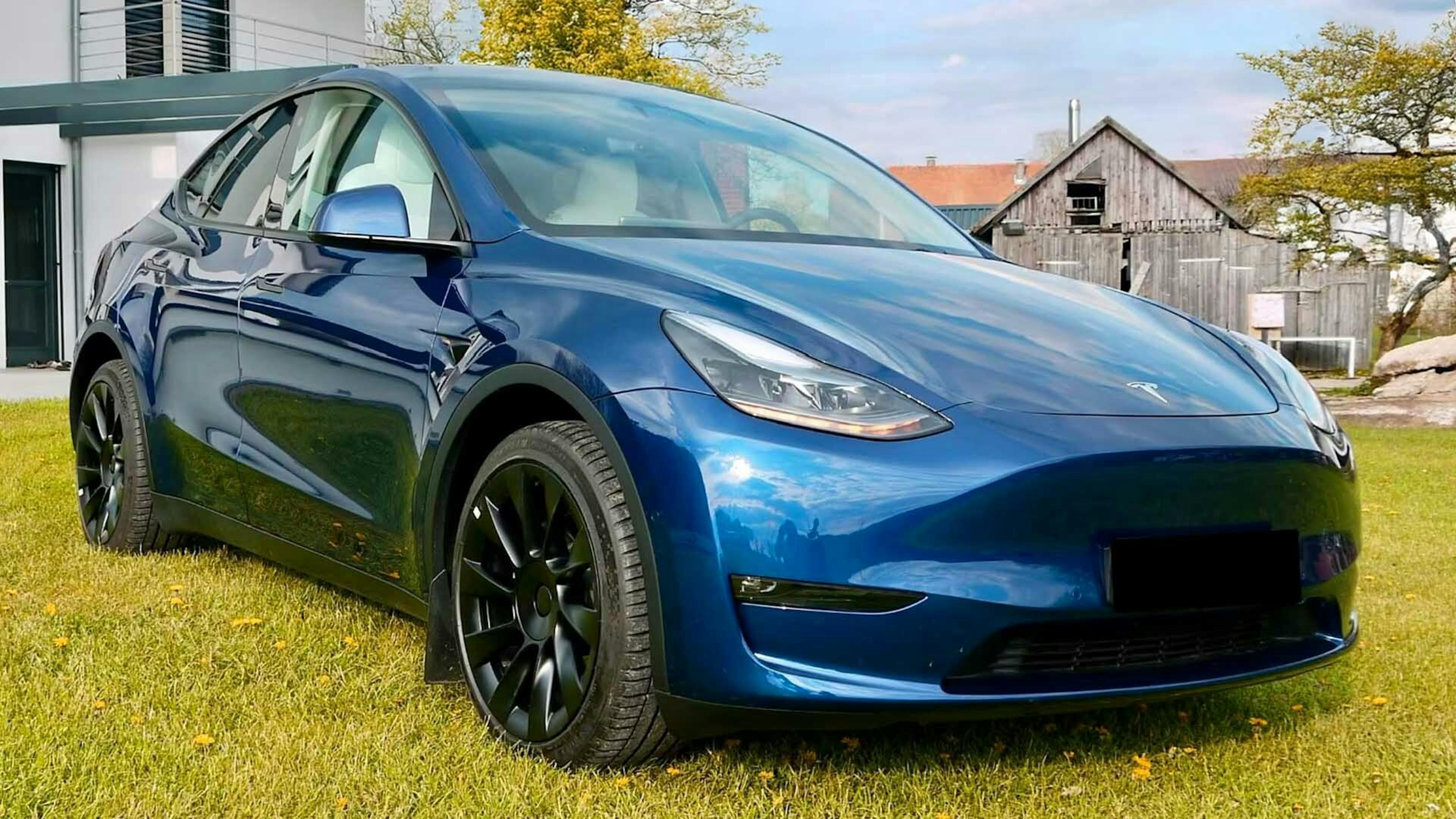 Dunkelblaues Tesla Model Y steht auf einer Rasenfläche.