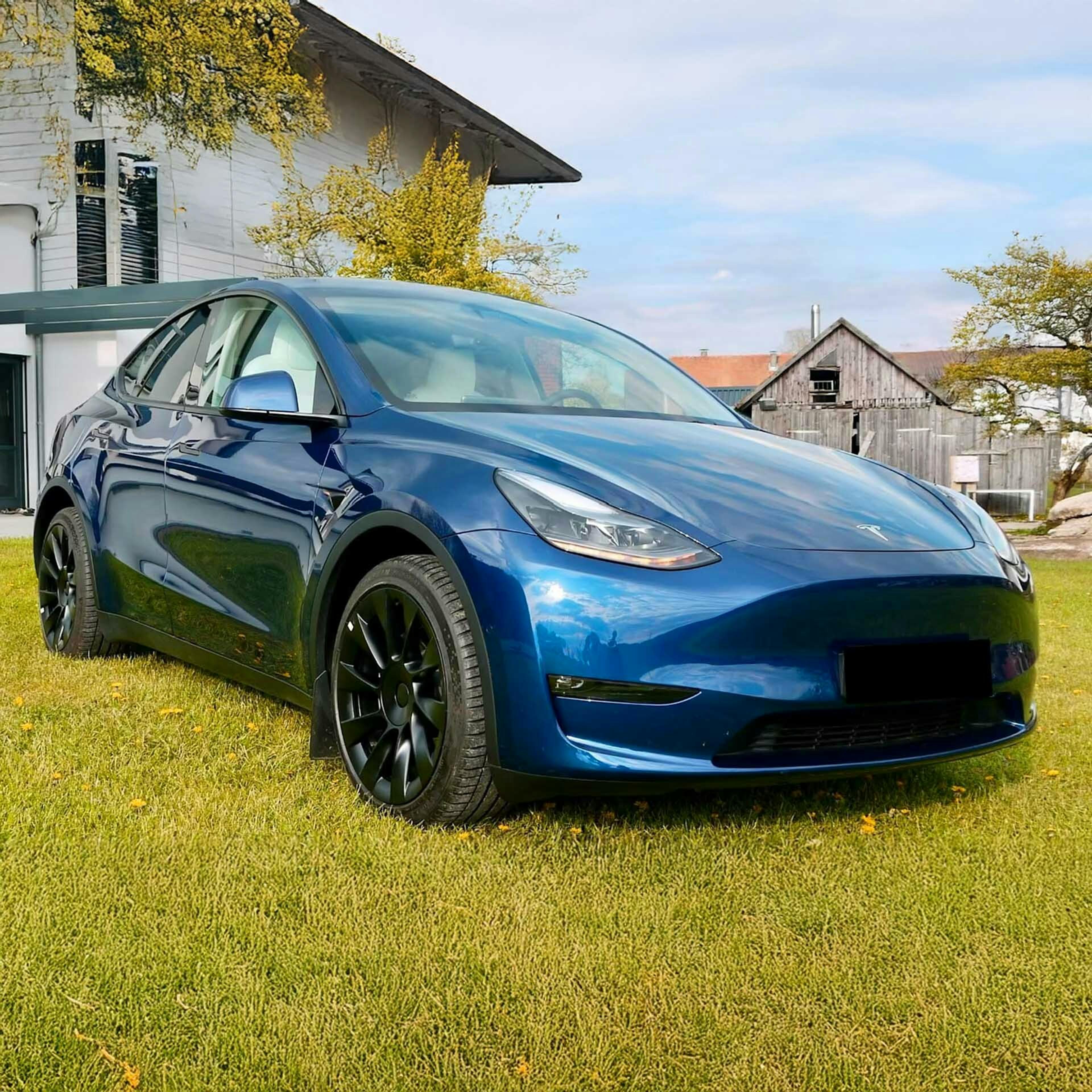 Dunkelblaues Tesla Model Y steht auf einer gepflasterten Fläche vor grüner Vegetation