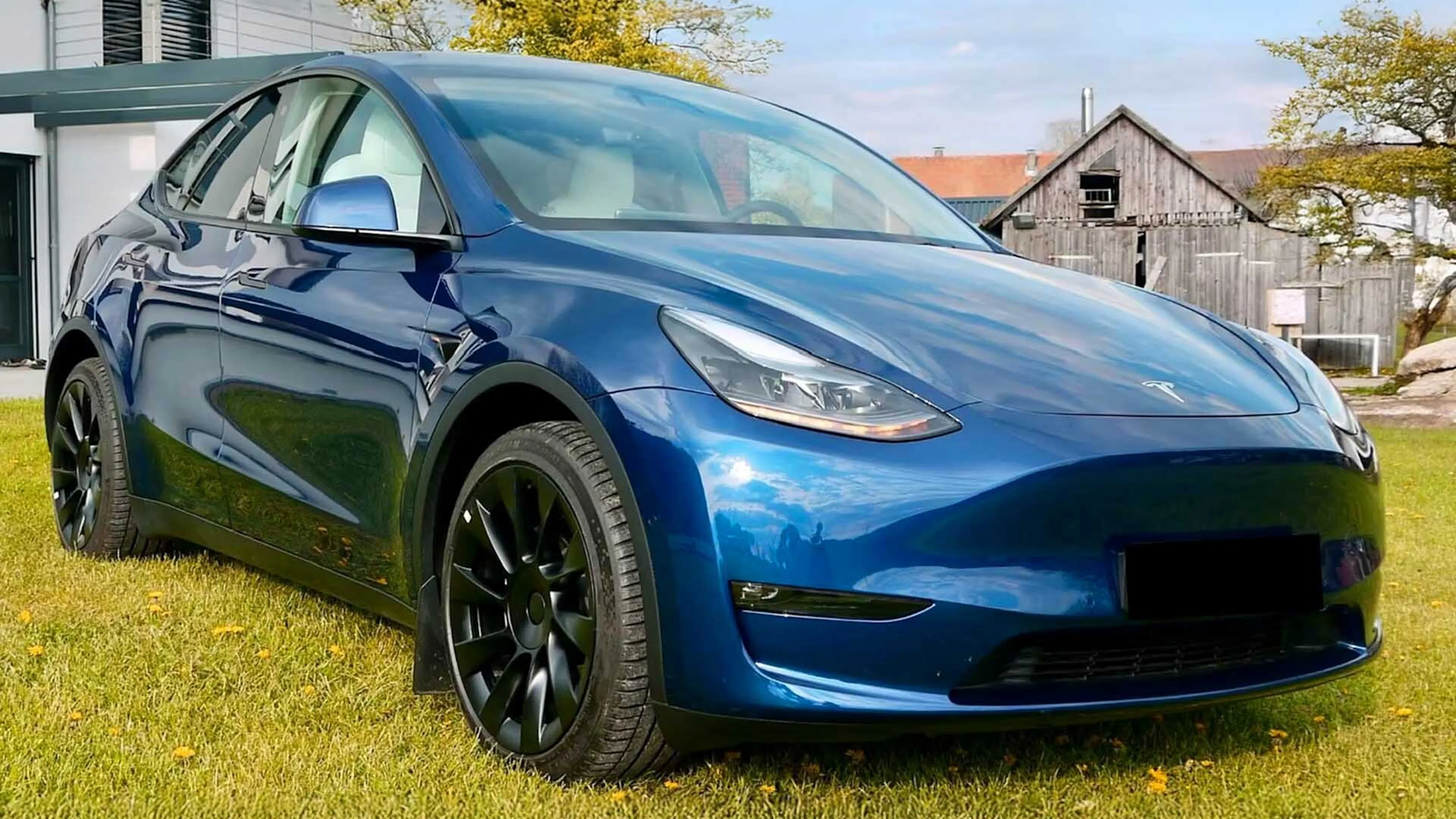 Dunkelblaues Tesla Model Y steht auf einer gepflasterten Fläche vor grüner Vegetation