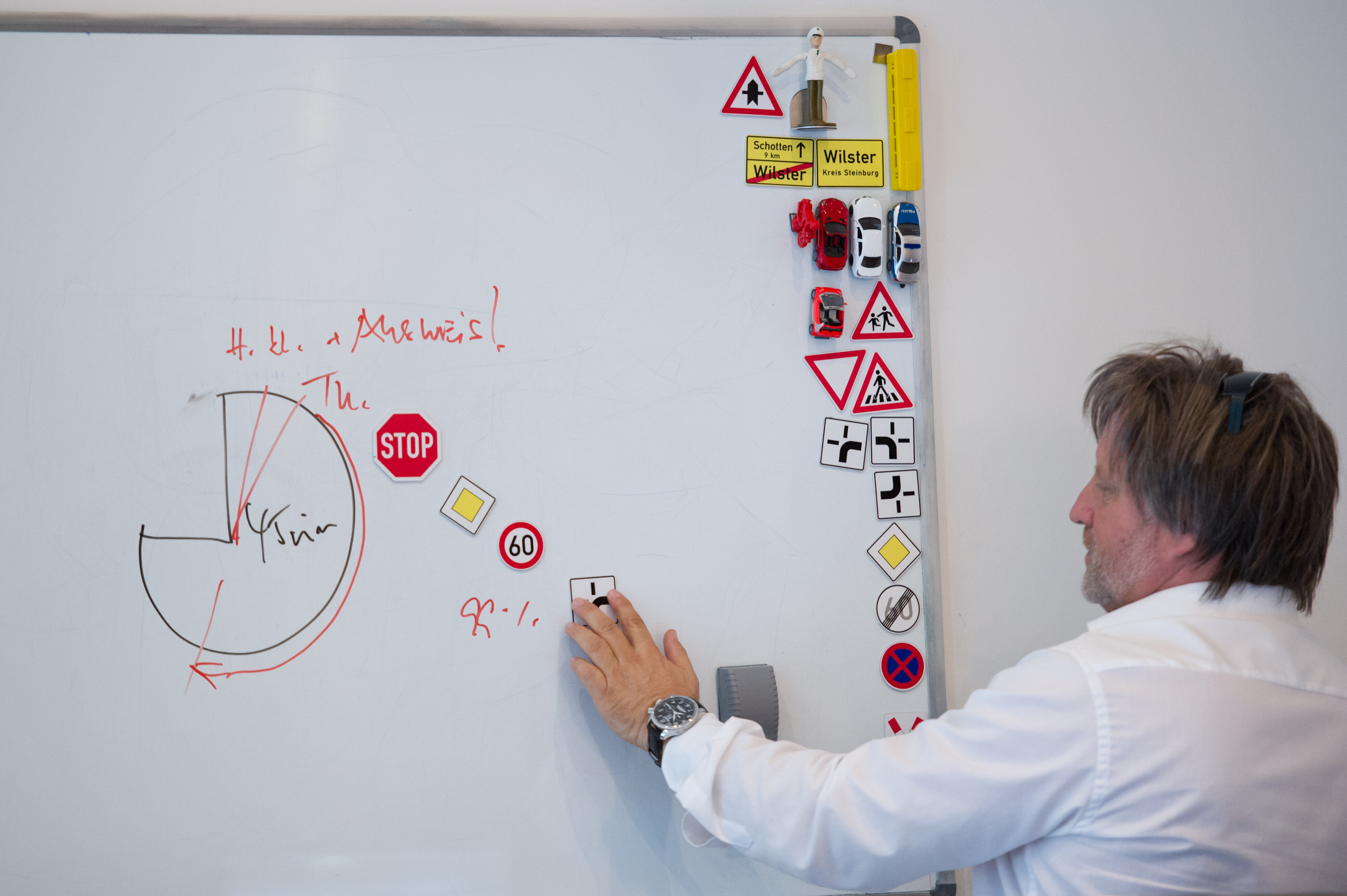 Ein Mann in weißem Hemd steht vor einer weißen Wand und erklärt Verkehrsregeln anhand von Verkehrsschildern und einer gezeichneten Skizze.