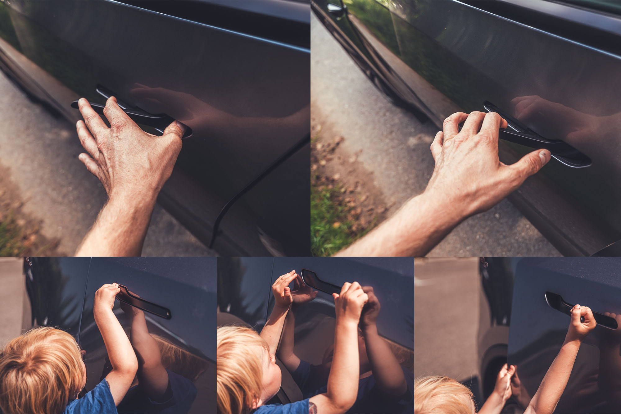 Eine Collage aus fünf Fotos. Oben zieht die Hand eines Erwachsenen den Türgriff eines Tesla Model Y auf. Unten macht das ein Kind mit zwei Händen