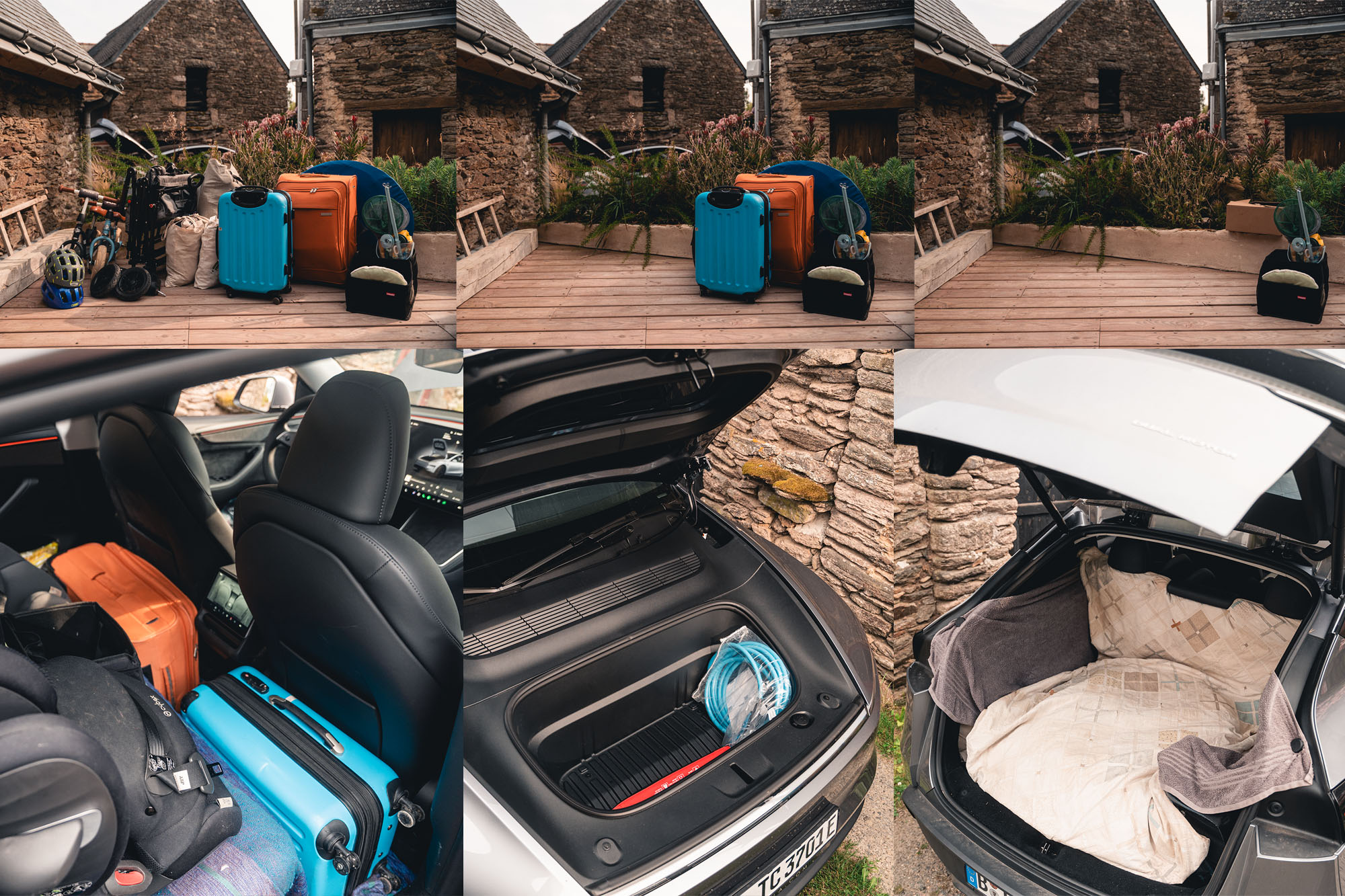 Eine Collage aus sechs Bildern beschreibt den chronologischen Ablauf des Beladezustands eines grauen Tesla Model Y.