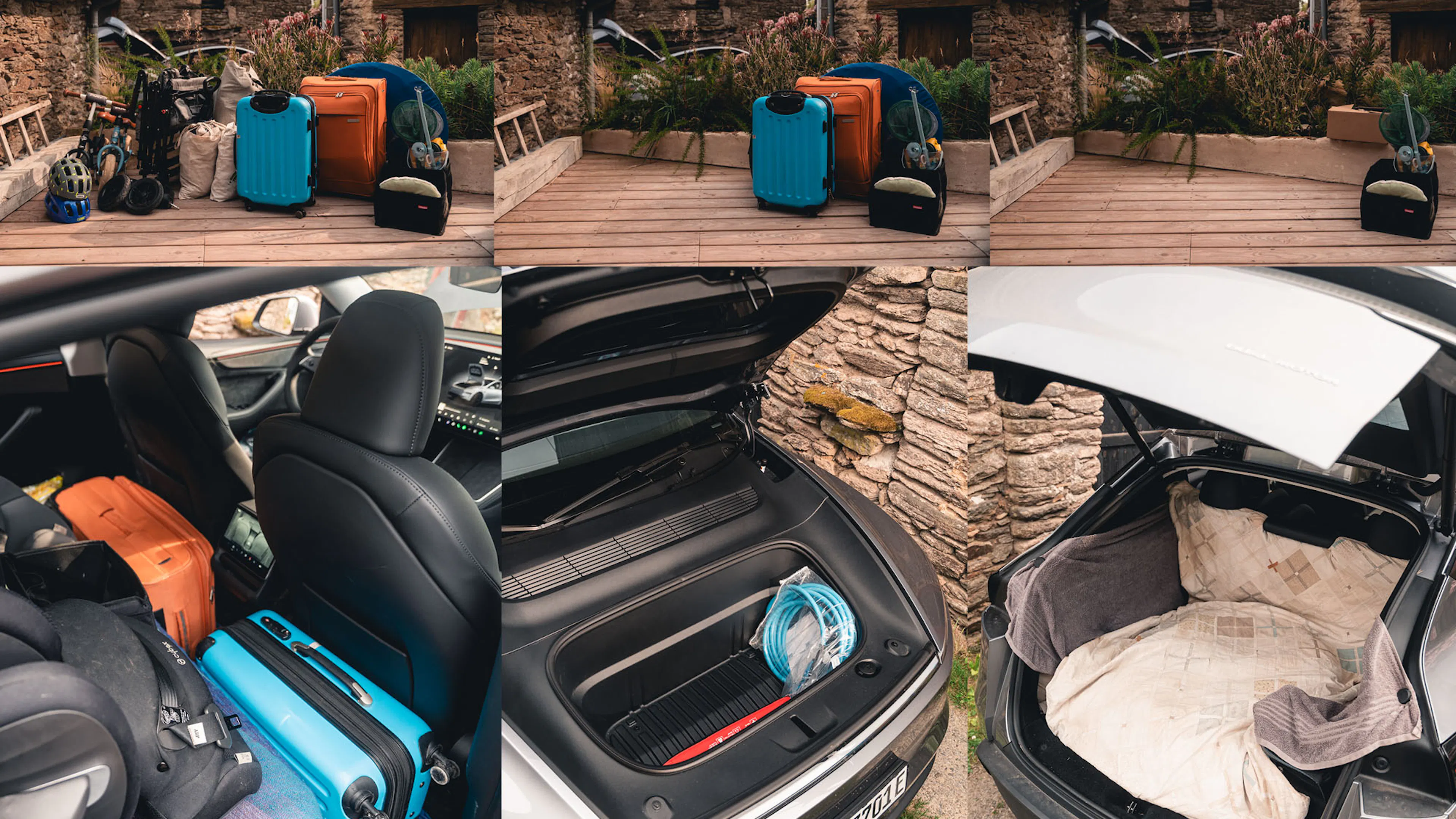 Eine Collage aus sechs Bildern beschreibt den chronologischen Ablauf des Beladezustands eines grauen Tesla Model Y.