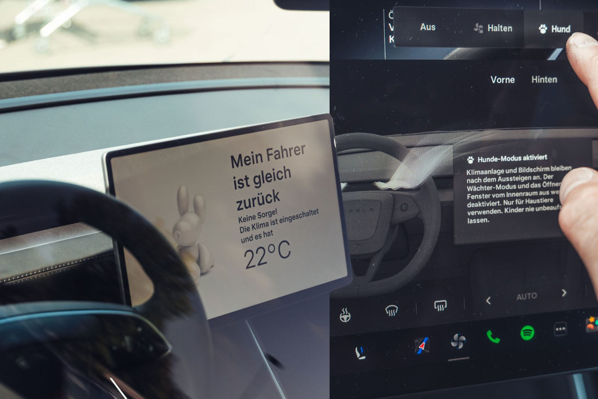 Eine Collage aus zwei Fotos. Links eine Grafik im Bildschirm des Tesla Model Y “Mein Fahrer ist gleich zurück.”, rechts eine Nahaufnahmer einer Hand, die den Hundemodu aktiviert.