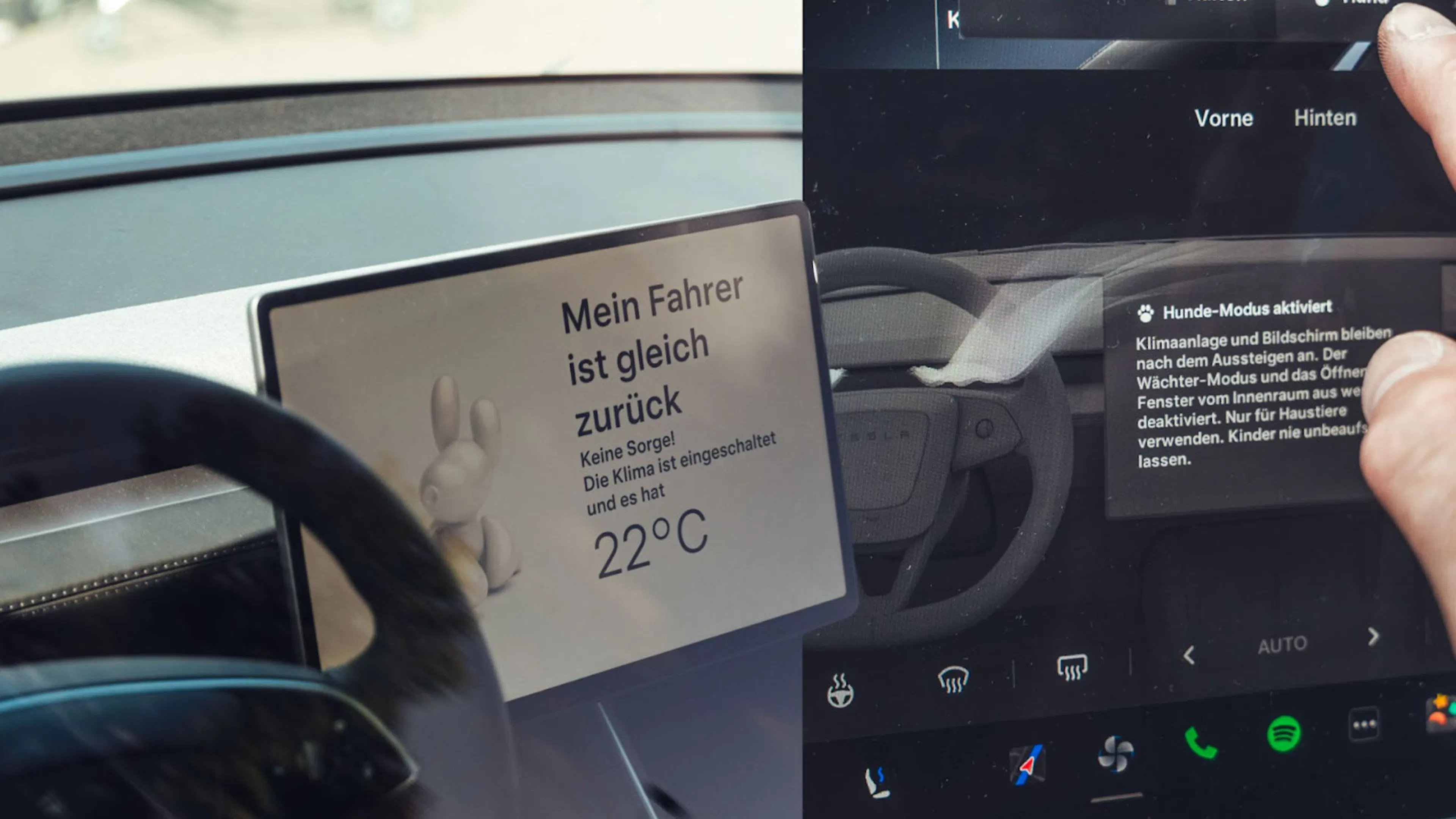 Eine Collage aus zwei Fotos. Links eine Grafik im Bildschirm des Tesla Model Y “Mein Fahrer ist gleich zurück.”, rechts eine Nahaufnahmer einer Hand, die den Hundemodu aktiviert.