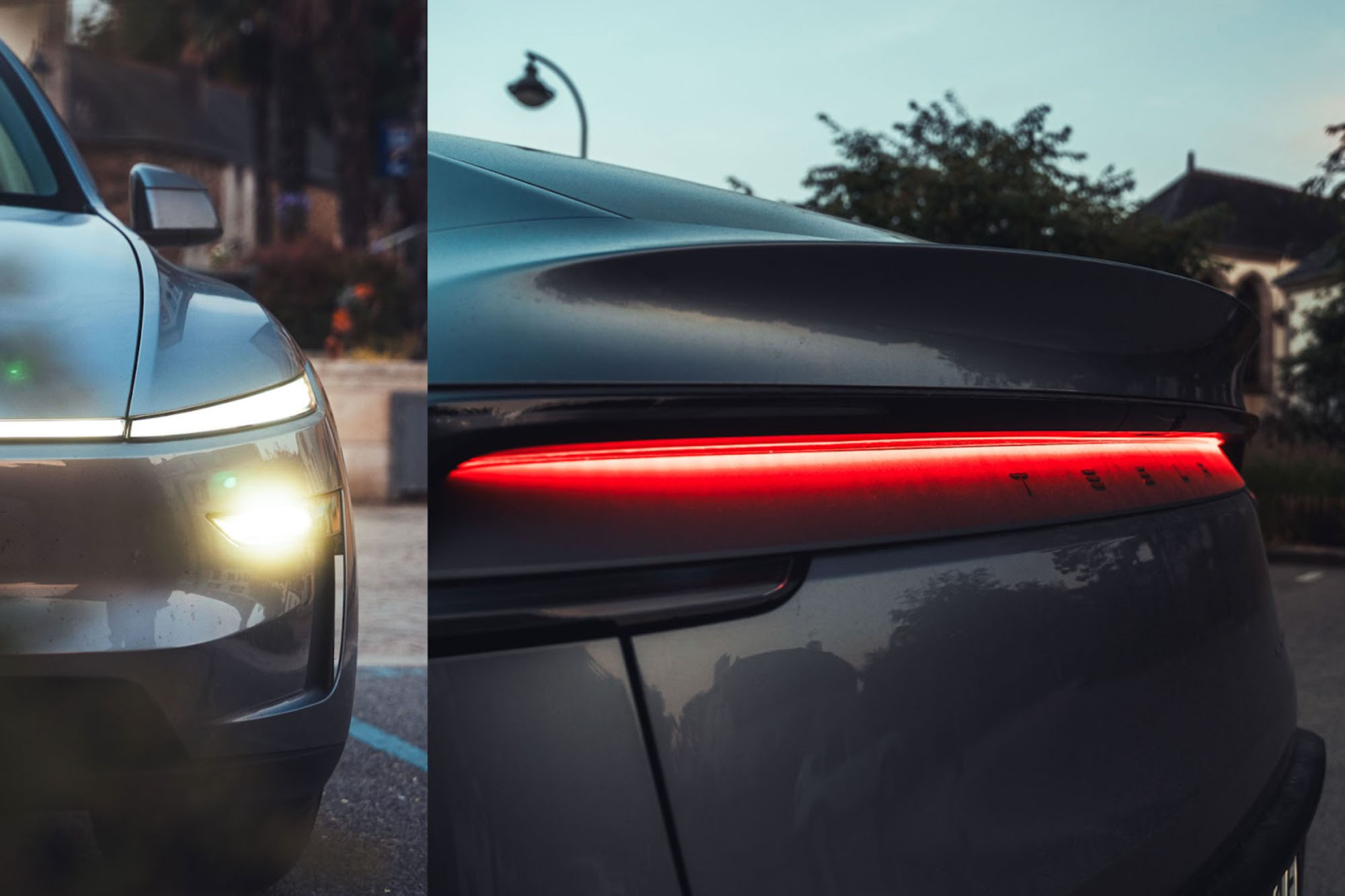 Eine Collage aus zwei Fotos: links der Frontscheinwerfer eines Tesla Model Y, rechts die Rückleuchten