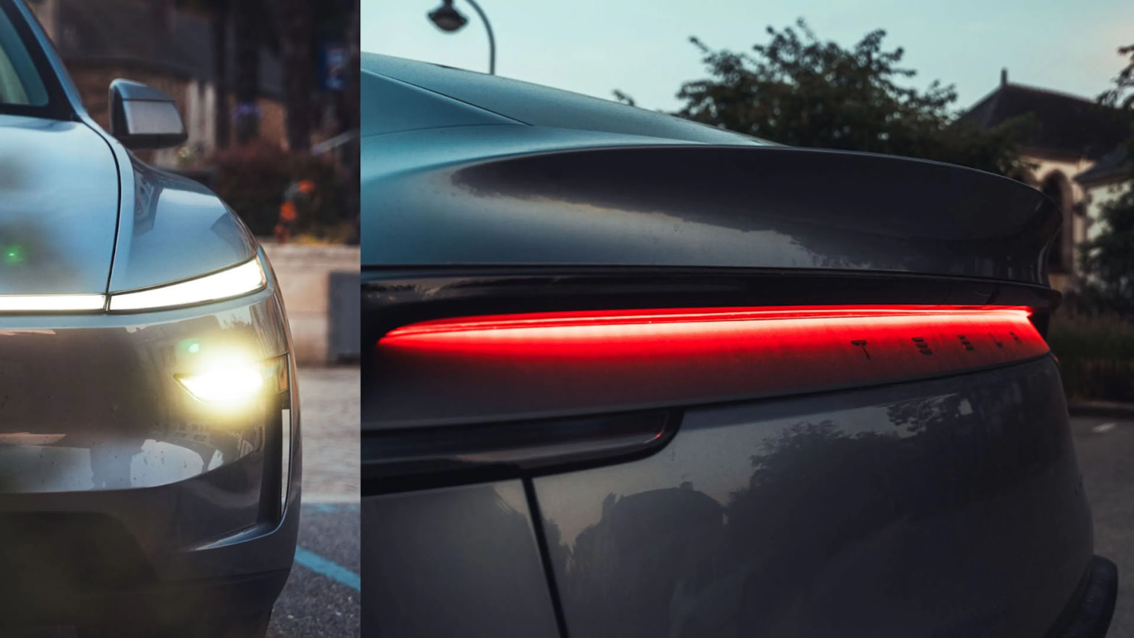 Eine Collage aus zwei Fotos: links der Frontscheinwerfer eines Tesla Model Y, rechts die Rückleuchten