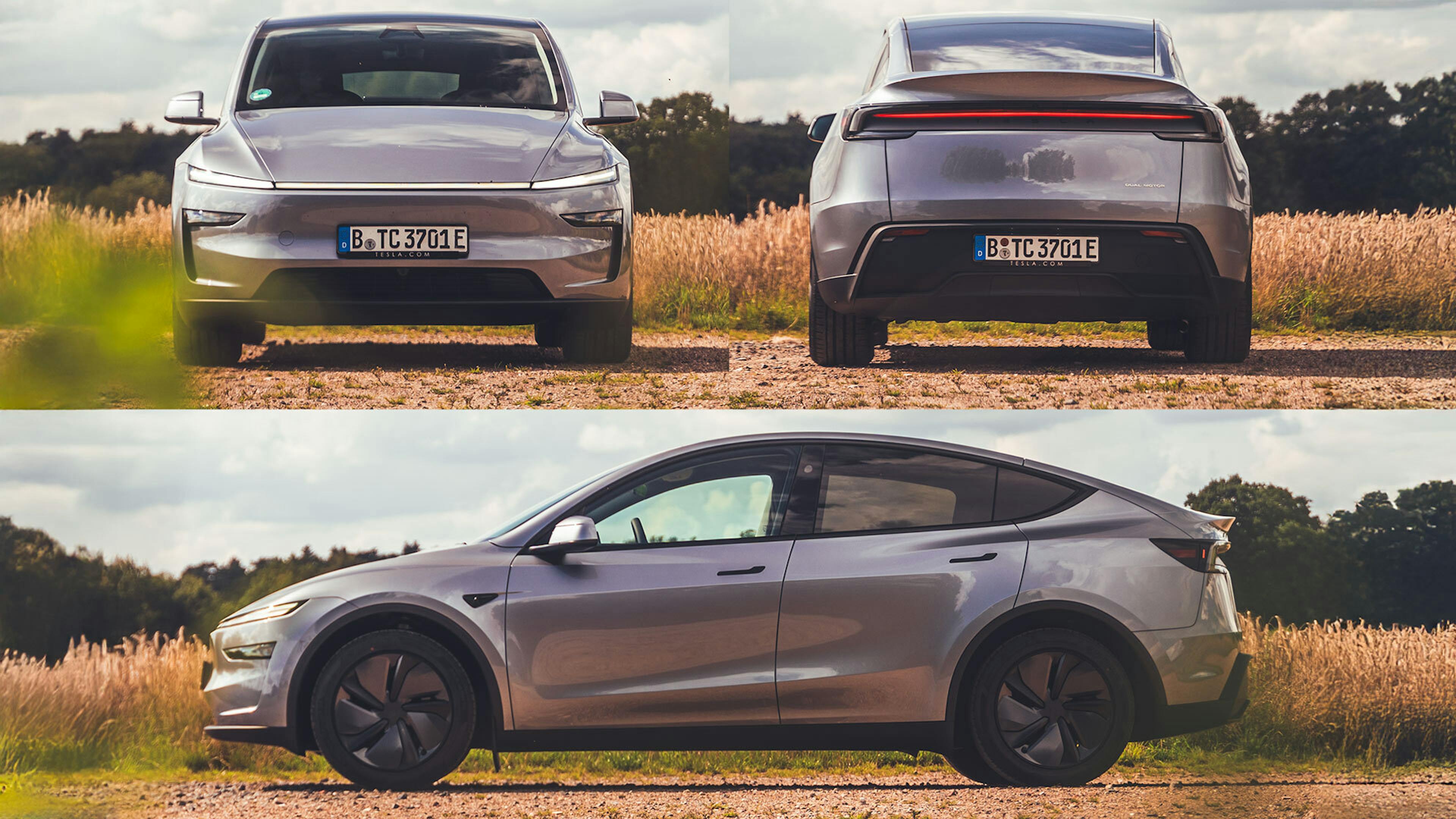  Eine Collage mit drei Fotos zeigt ein dunkelgraues Tesla Model aus drei Perspektiven: vorne, hinten, Seite.