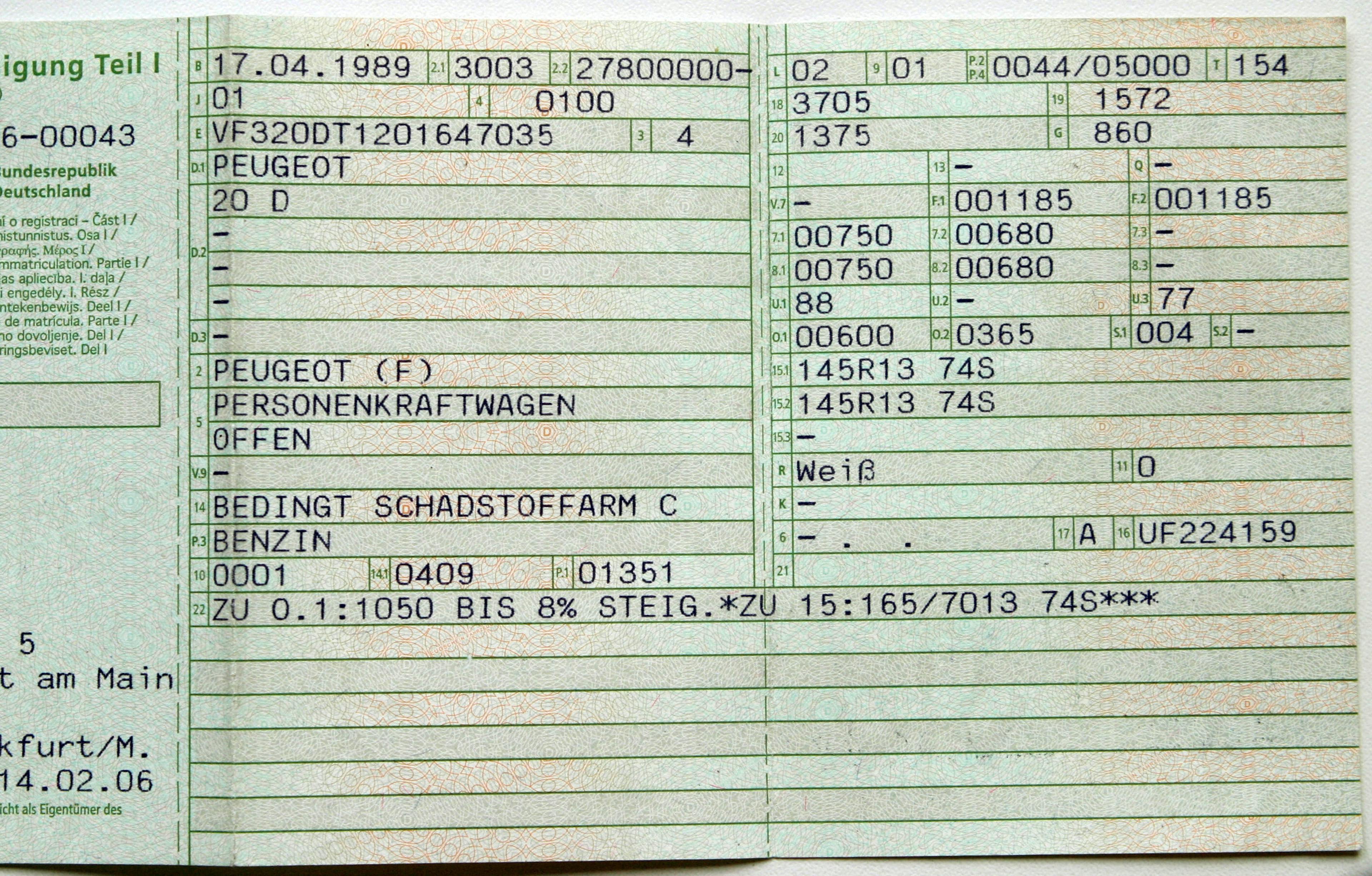 Eine aufgeklappte Zulassungsbescheinigung Teil I mit mehreren Zeilen und Abkürzungen.