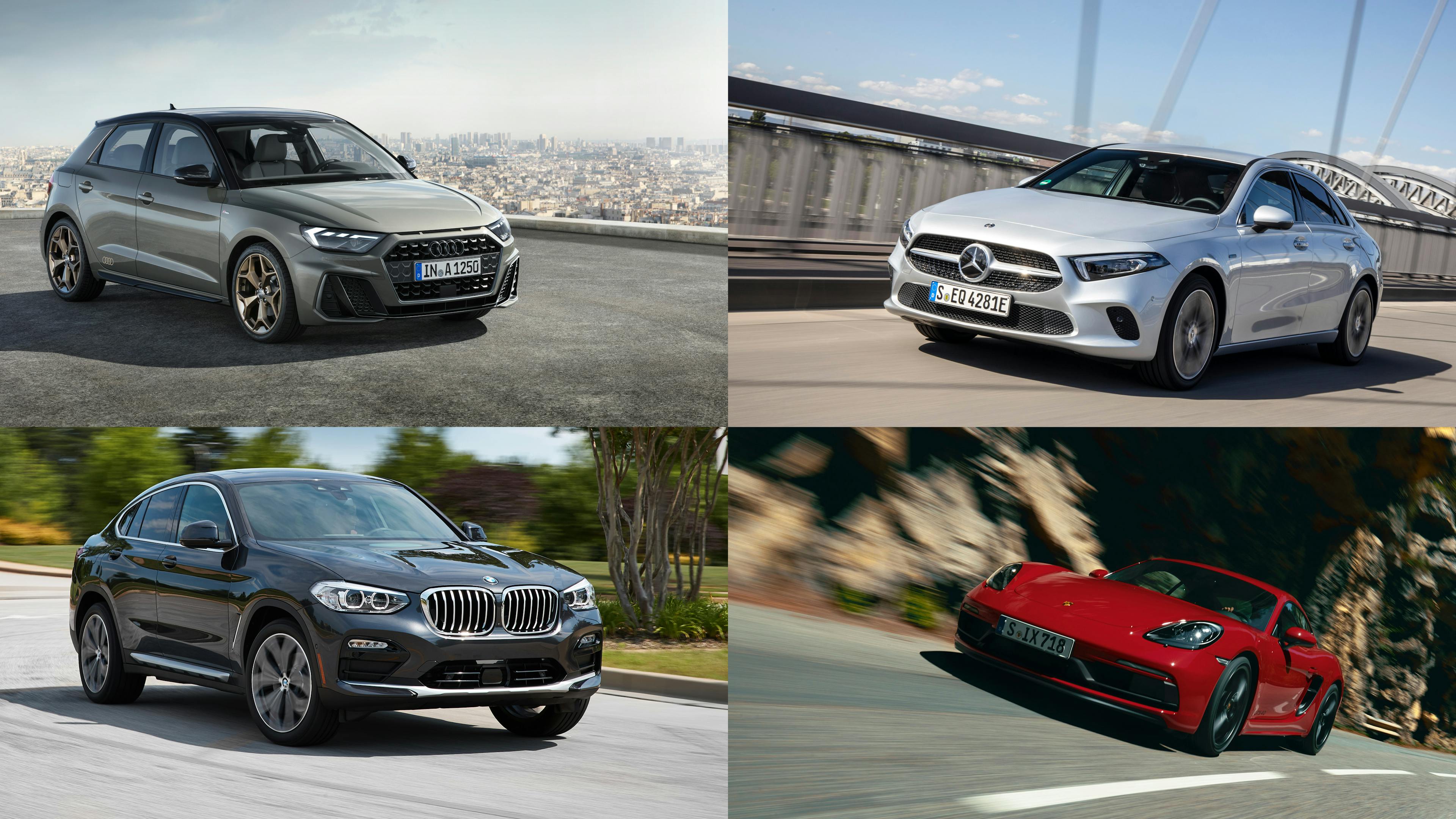 Ein Collage aus einem grauen Audi A1, einer weißen Mercedes A-Klasse, einem schwarzen BMW X4 und einem roten Porsche Cayman.