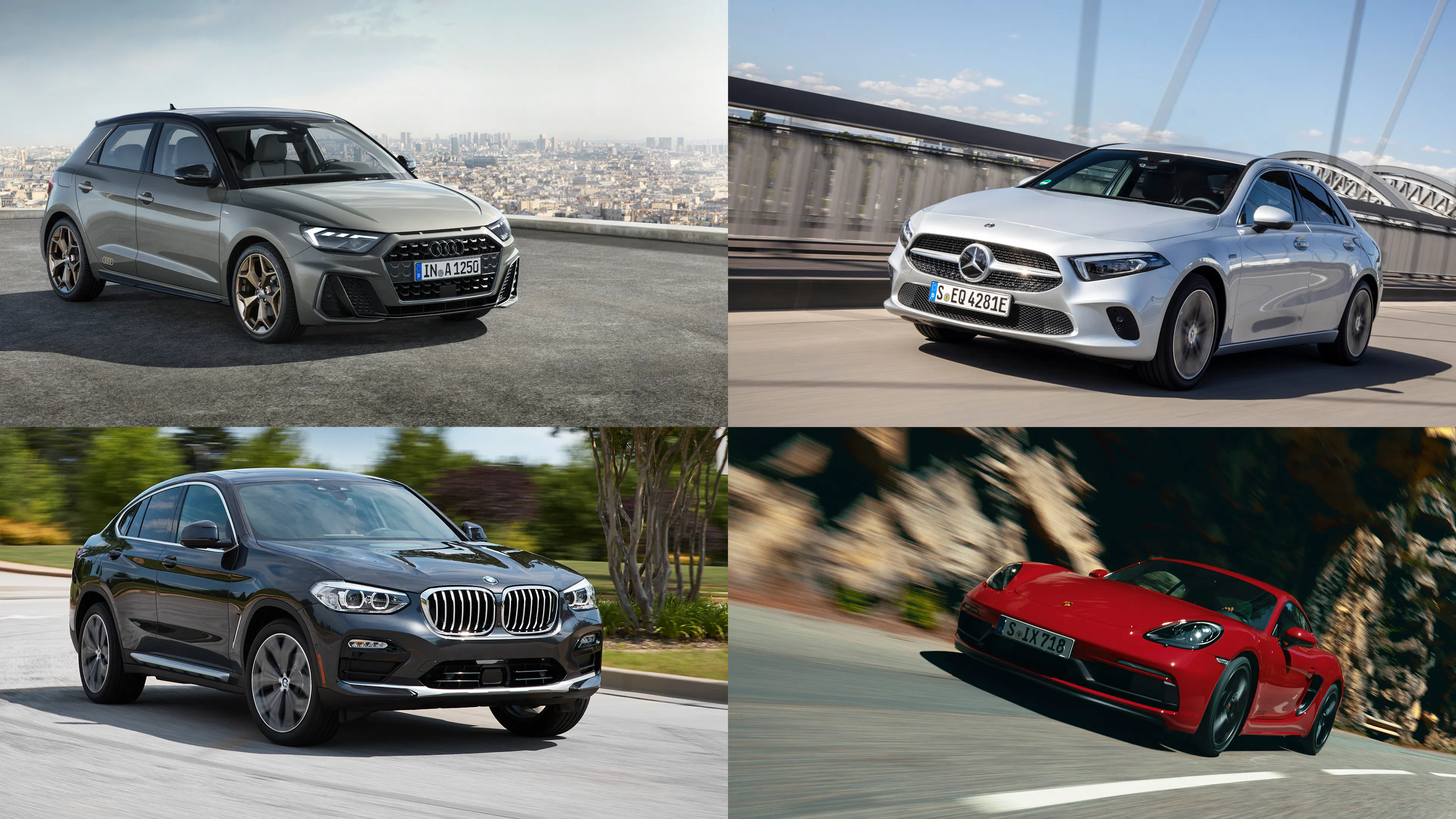 Ein Collage aus einem grauen Audi A1, einer weißen Mercedes A-Klasse, einem schwarzen BMW X4 und einem roten Porsche Cayman.