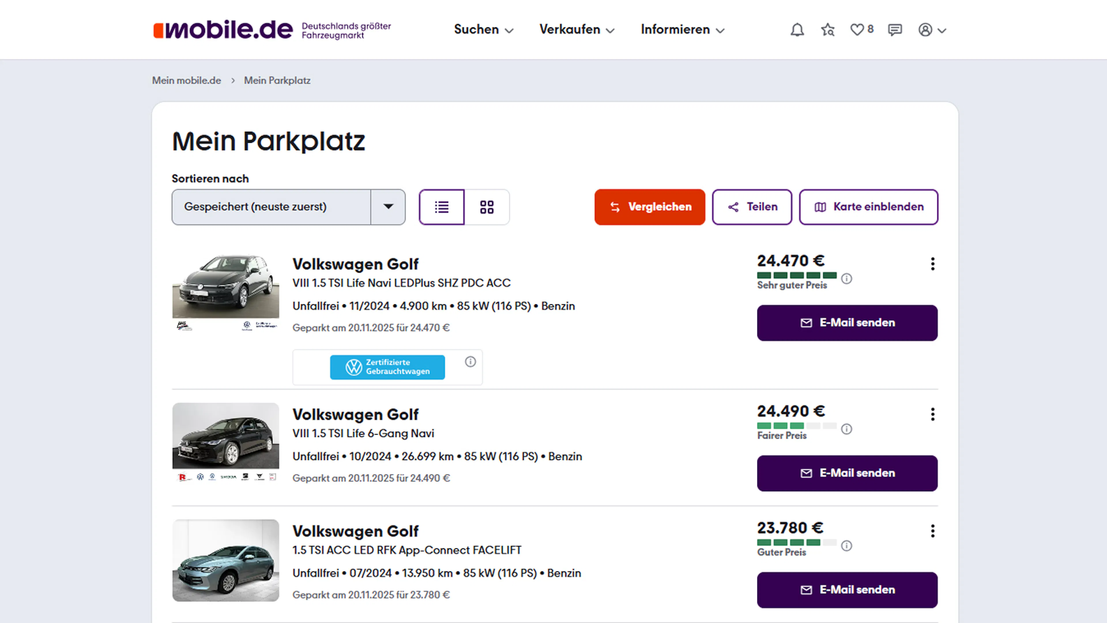Ein Screenshot zeigt den Parkplatz auf der Website mobile.de. Der Parkplatz ist deine persönliche Merkliste für interessante Fahrzeuge, die du im Blick behalten möchtest.