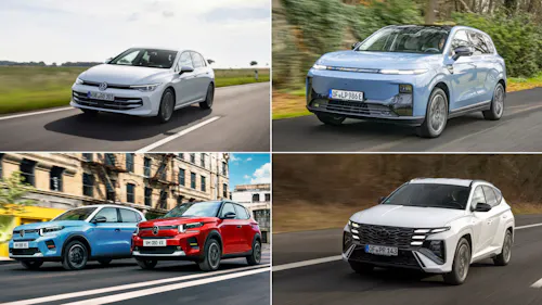 Collage aus vier Bildern mit fünf Fahrzeugen: VW Golf VIII in Weiß, Leapmotor C10 BEV in Hellblau, Citroën ë-C3 Aircross in Blau und ë-C3 in Rot sowie Hyundai Tucson NX4 in Weiß, jeweils bei der Fahrt.