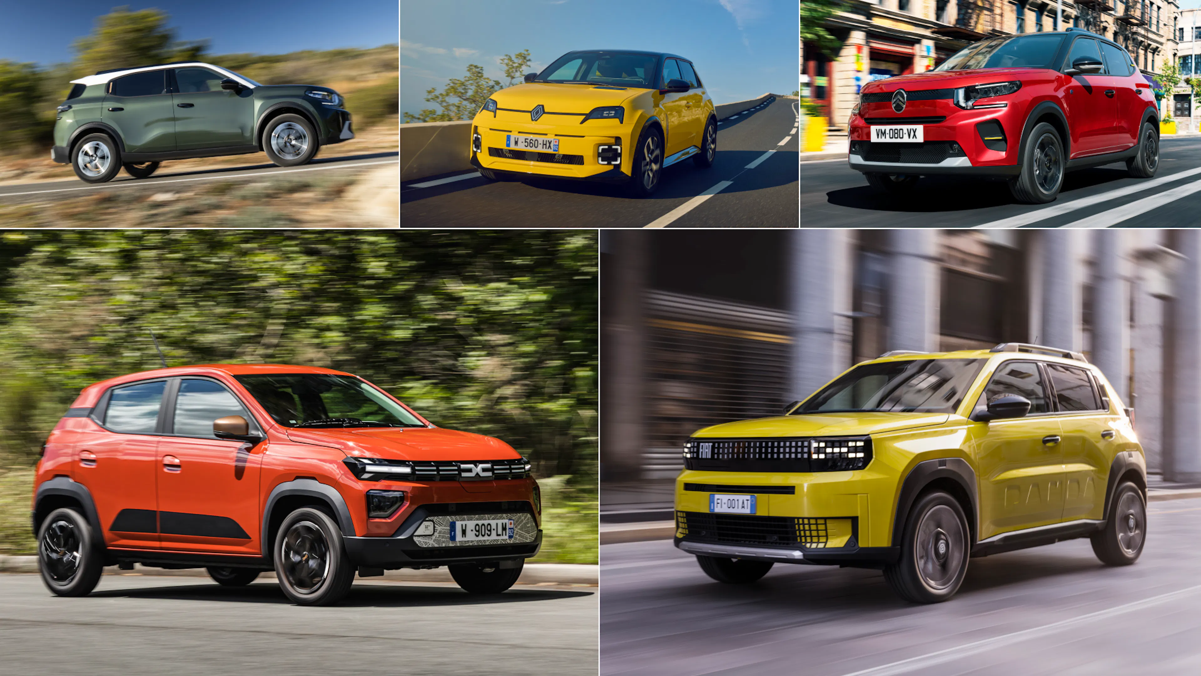 Eine Bildcollage zeigt fünf kompakte und moderne E-Autos verschiedener Hersteller, darunter Modelle von Citroën, Hyundai, Dacia, Fiat und Renault.