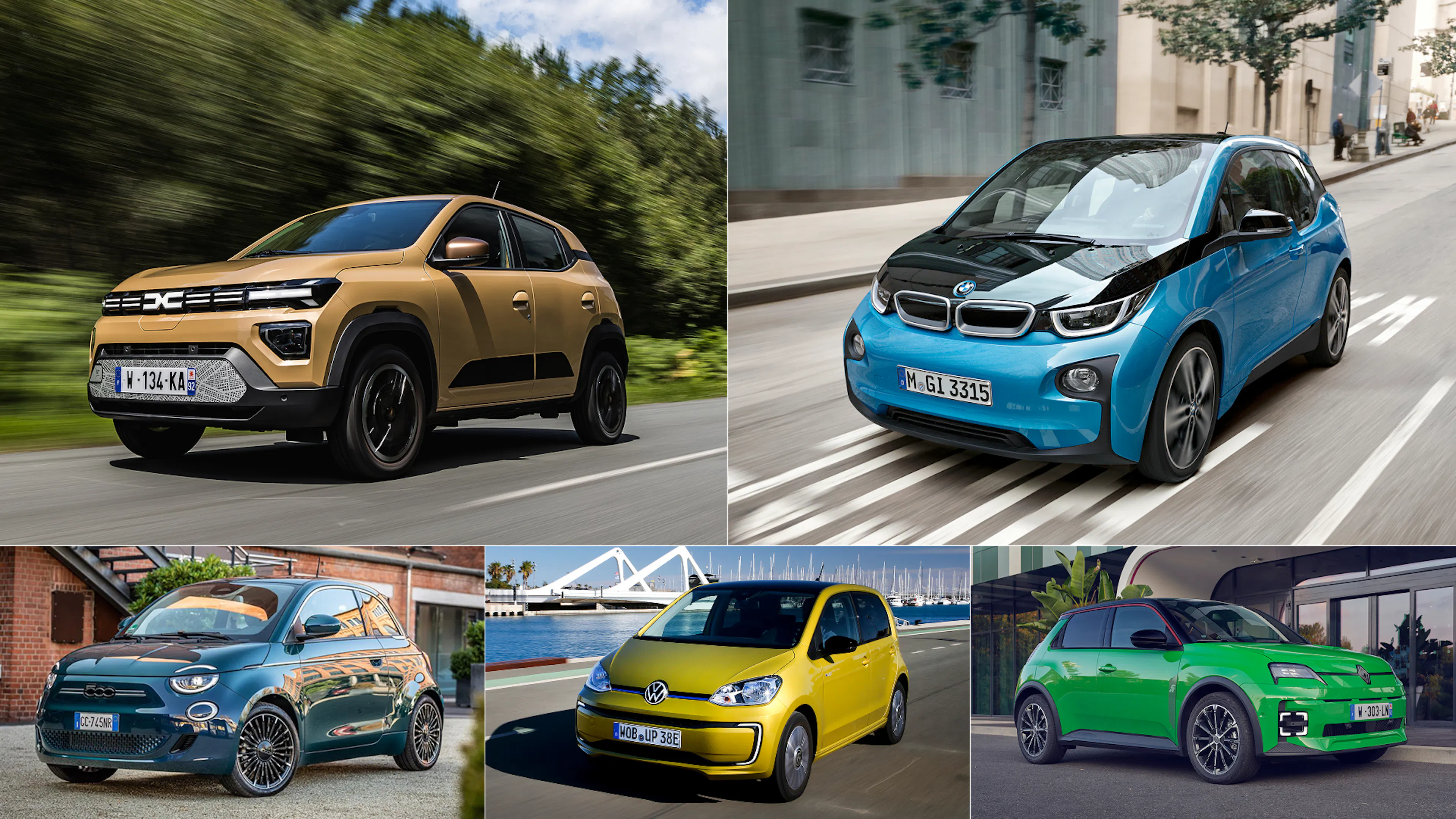 Eine Kollage aus fünf Elektrokleinwagen (Dacia Spring, BMW i3, Fiat 500 Elektro, VW e-up! und Renault R5)