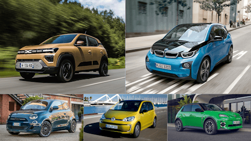 Eine Kollage aus fünf Elektrokleinwagen (Dacia Spring, BMW i3, Fiat 500 Elektro, VW e-up! und Renault R5)