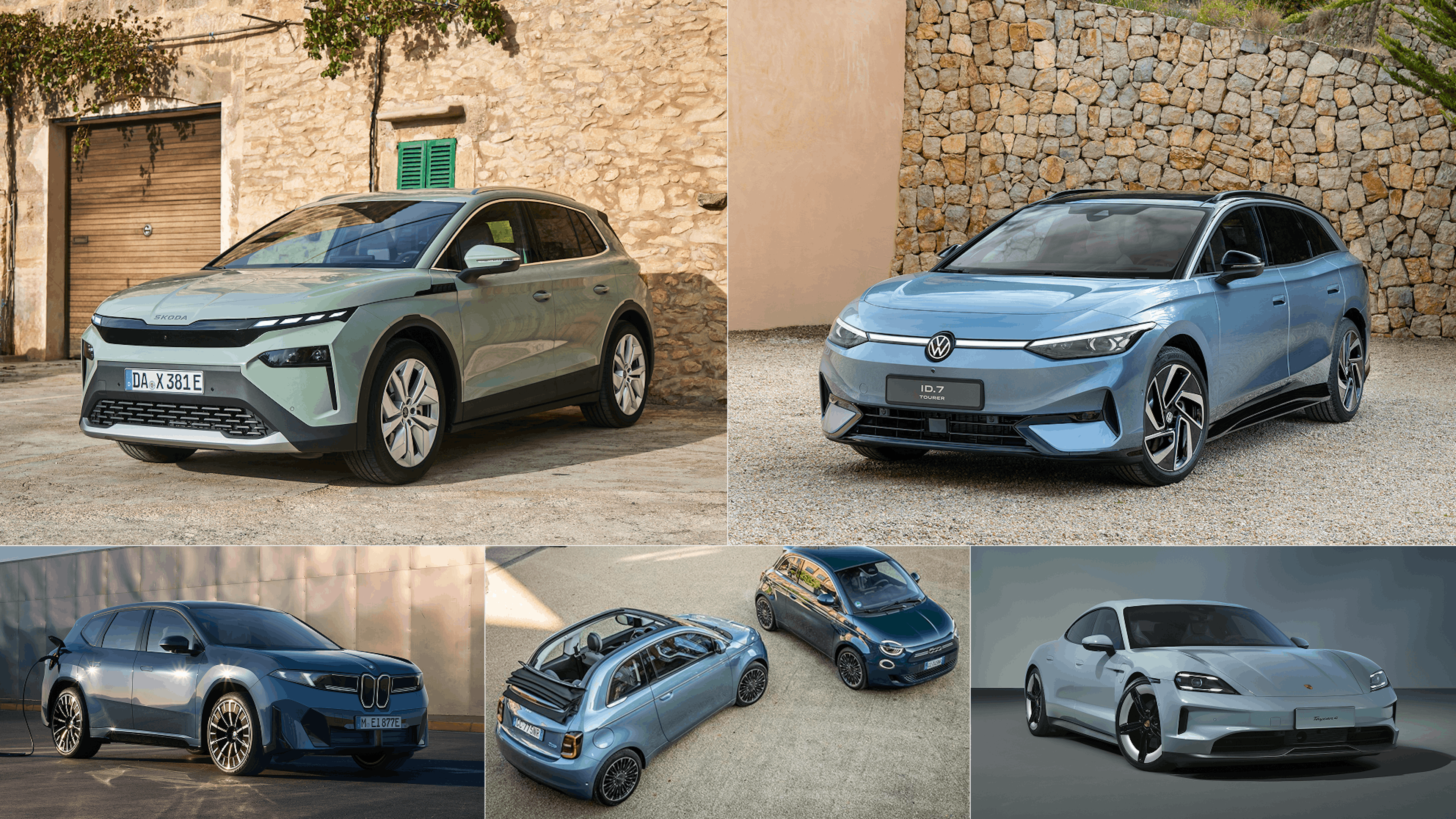 Kollage der besten E-Autos (Škoda Elroq, VW ID.7, BMW iX3, Fiat 500 Elektro, Porsche Taycan 4S)