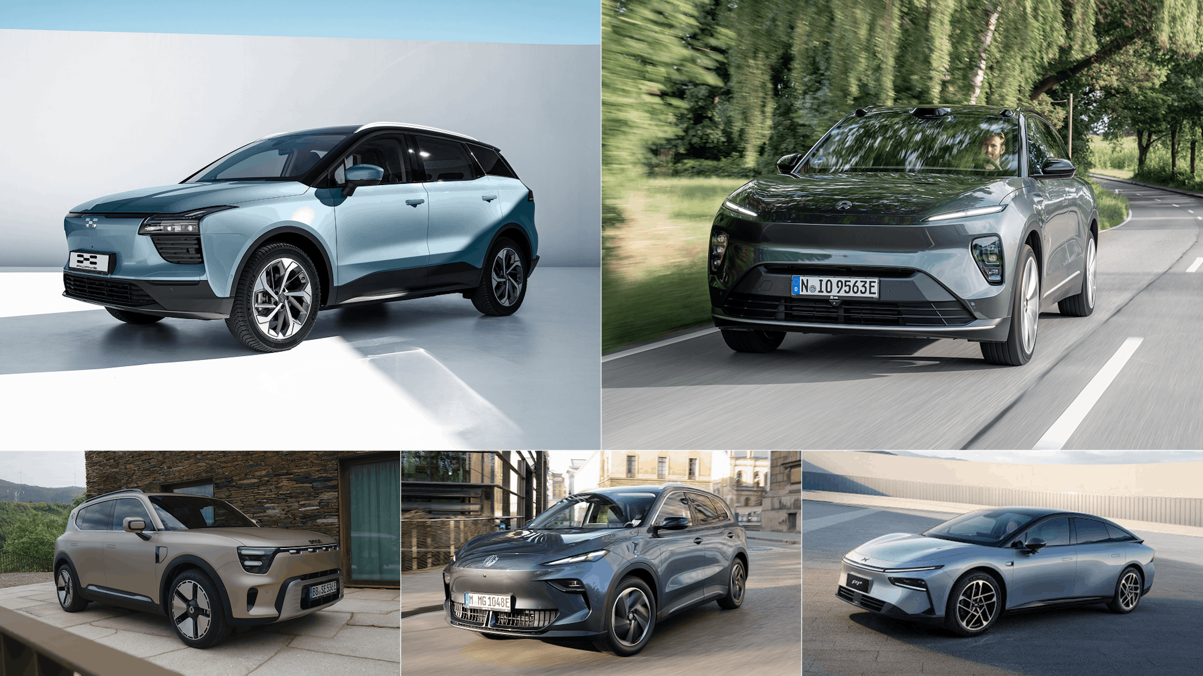 Eine Collage aus den besten chinesischen E-Autos (MG5 EV, Nio EL8, Aiways U5, Xpeng P7, Smart #5)