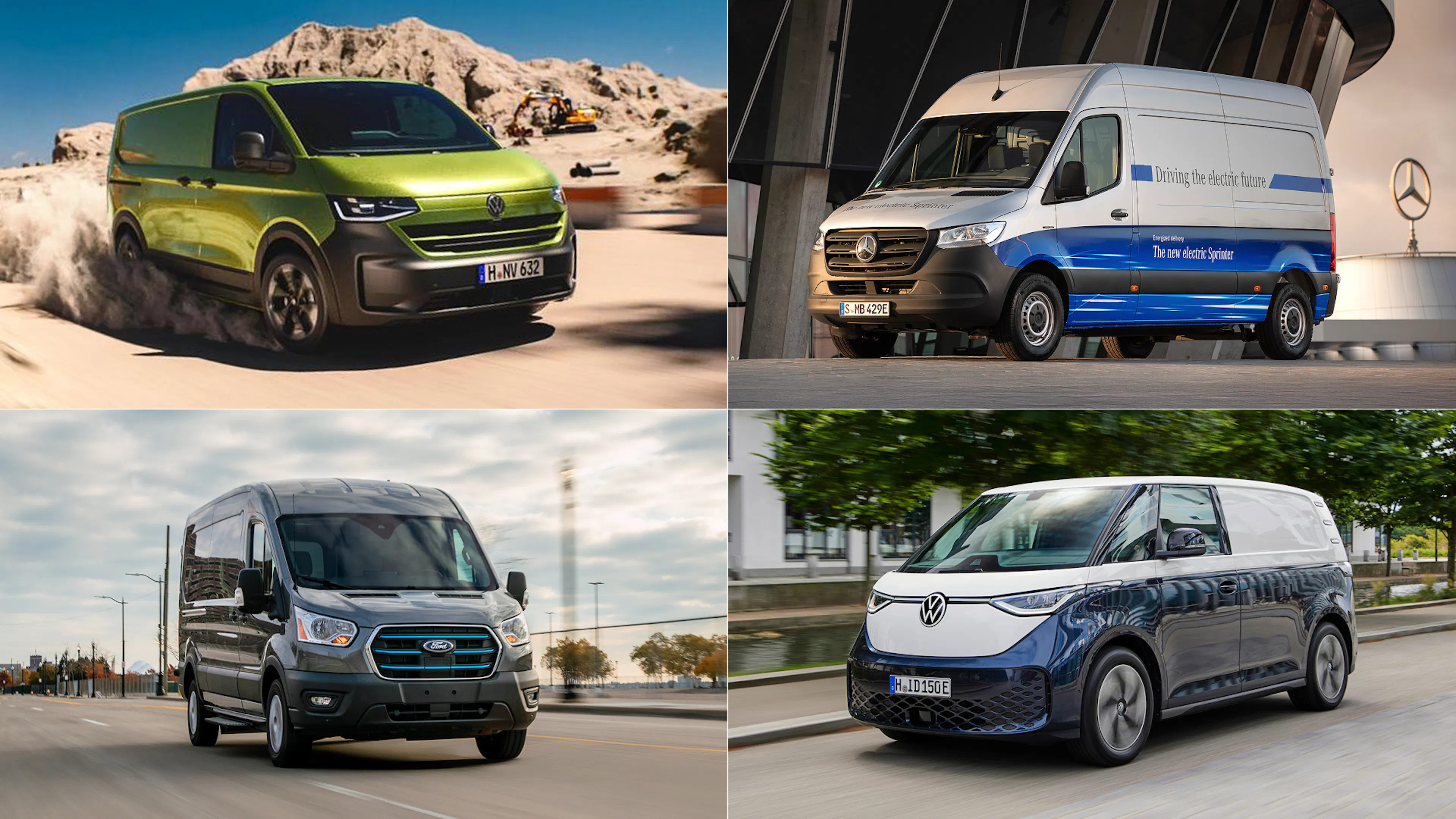 Eine Collage aus vier E-Transportern (VW e-Transporter, Mercedes eSprinter, Ford E-Transit, VW ID.Buzz)