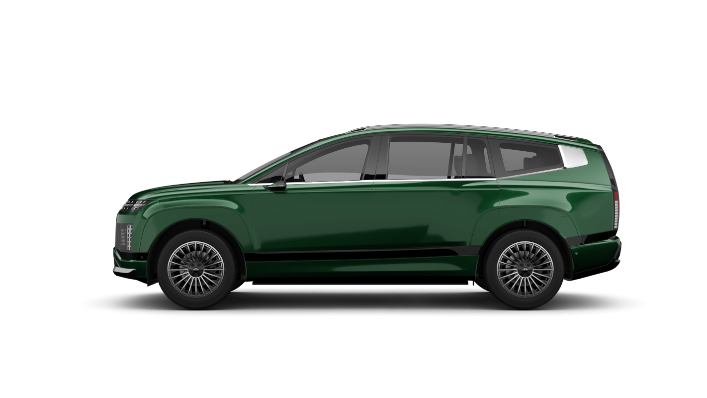 Freisteller eines Hyundai IONIQ 9 in Dunkelgrün - Seitenansicht 