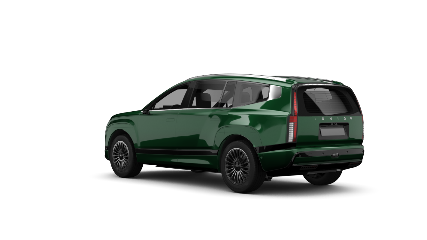 Freisteller eines Hyundai IONIQ 9 in Dunkelgrün - Ansicht schräg hinten