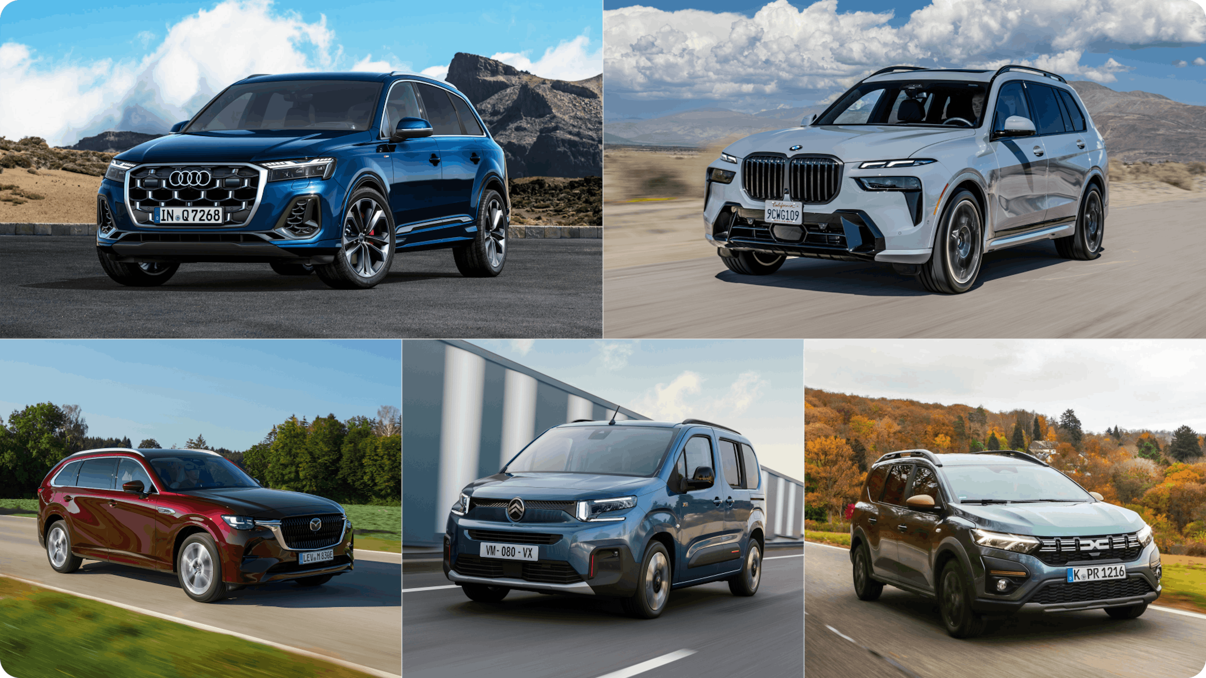 Eine Collage mit Bildern eines blauen Audi Q7, eines grauer BMW X7, eines roter Mazda CX-80, eines blauer Citroen e-Berlingo und eines dunkelgrünen Dacia Jogger.