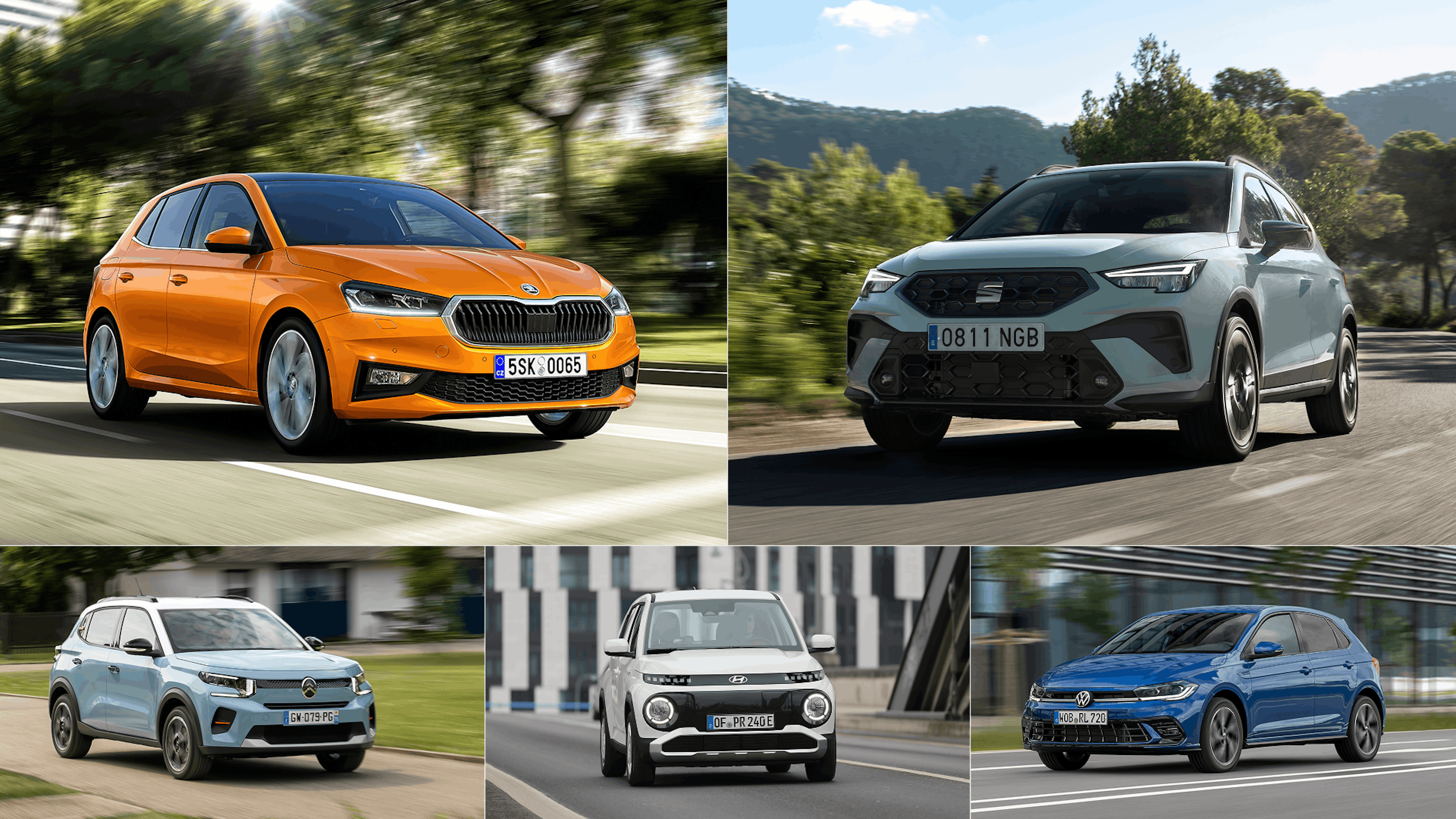 Zu den günstigsten Kleinwagen gehören u. a. der Skoda Fabia, Seat Ibiza, Citroen C3 You, Hyundai Inster und VW Golf.