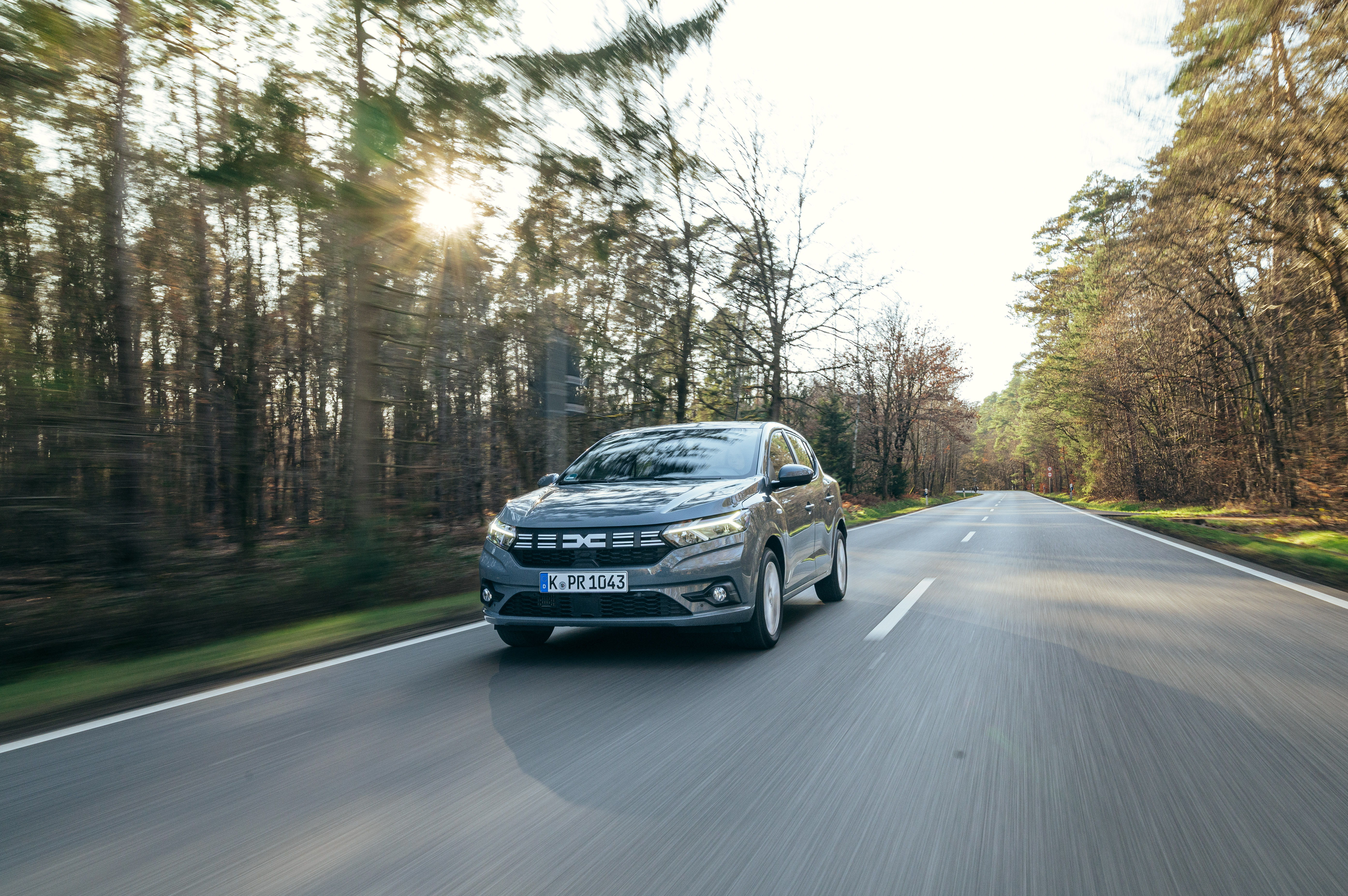 Ein Dacia Sandero auf einer Landstraße in einem bewaldeten Gebiet