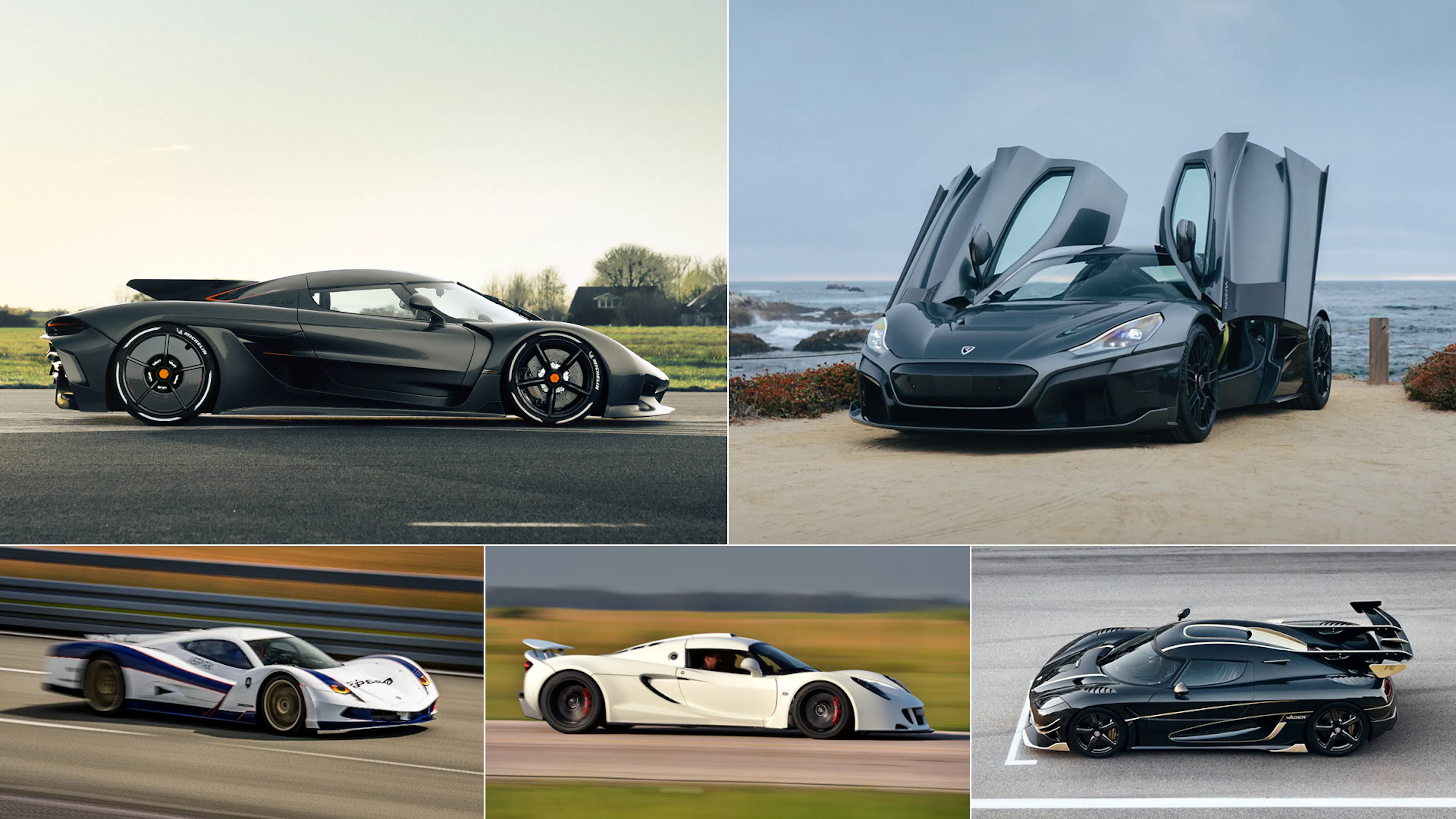 Die schnellsten Autos der Welt u. a. von Koenigsegg, Hennesey oder Rimac.