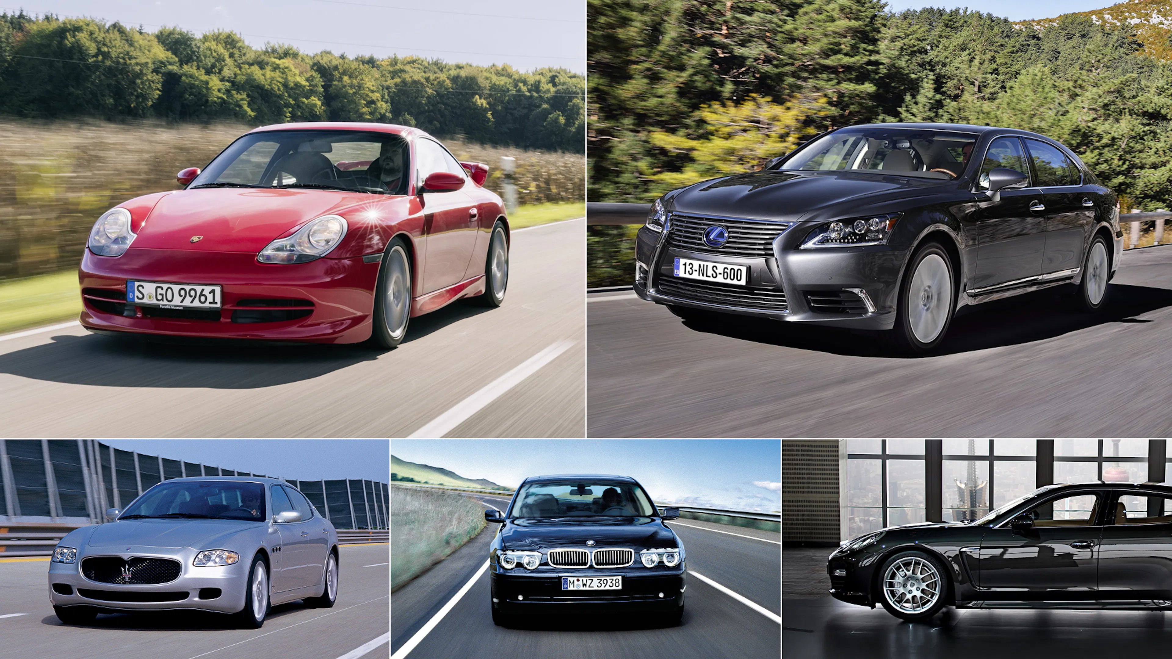 Fünf Luxusautos (Porsche, Lexus, Maserati, BMW)
