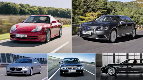 Fünf Luxusautos (Porsche, Lexus, Maserati, BMW)