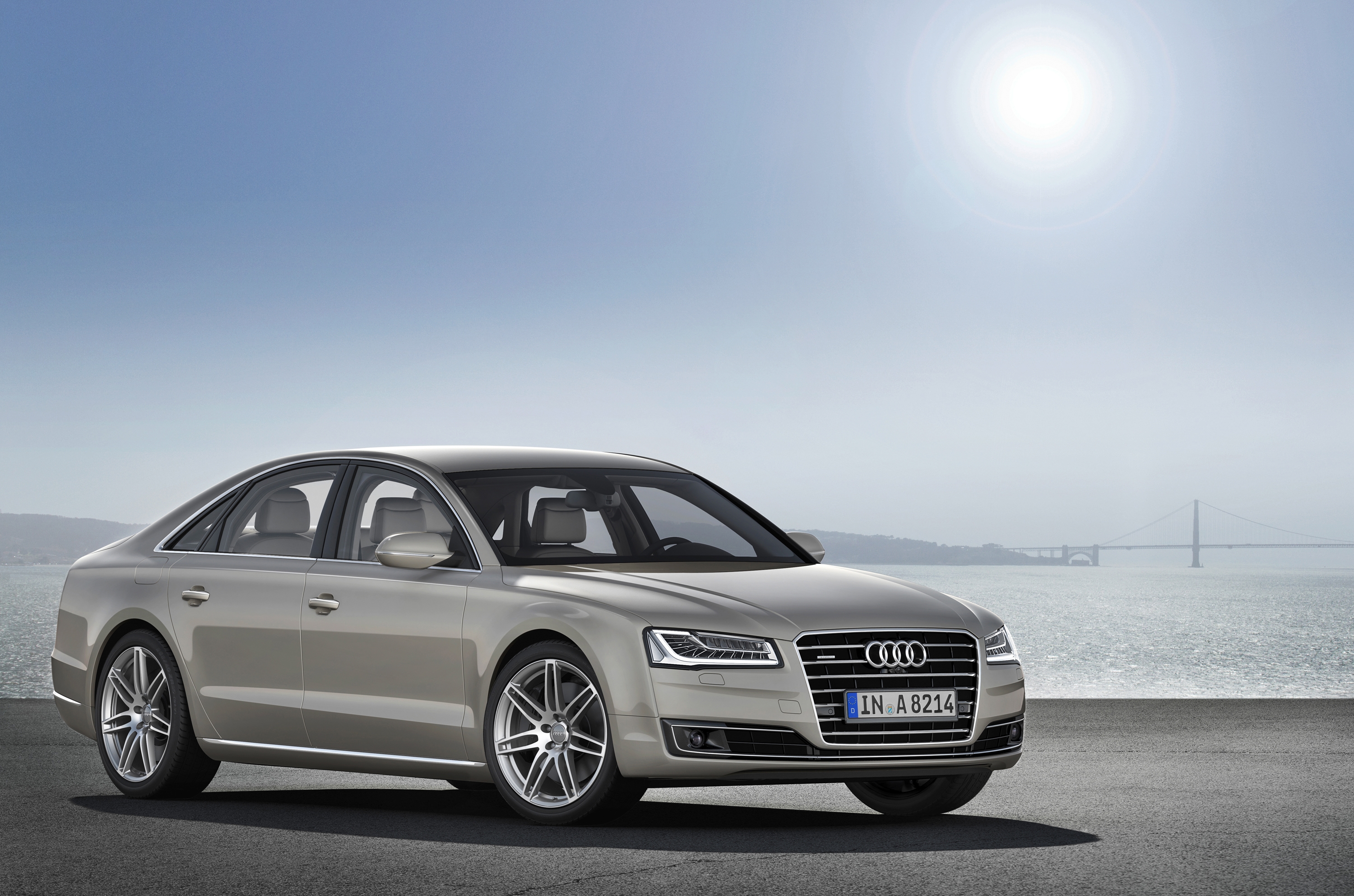 Ein grauer Audi A8 steht an der Küste.