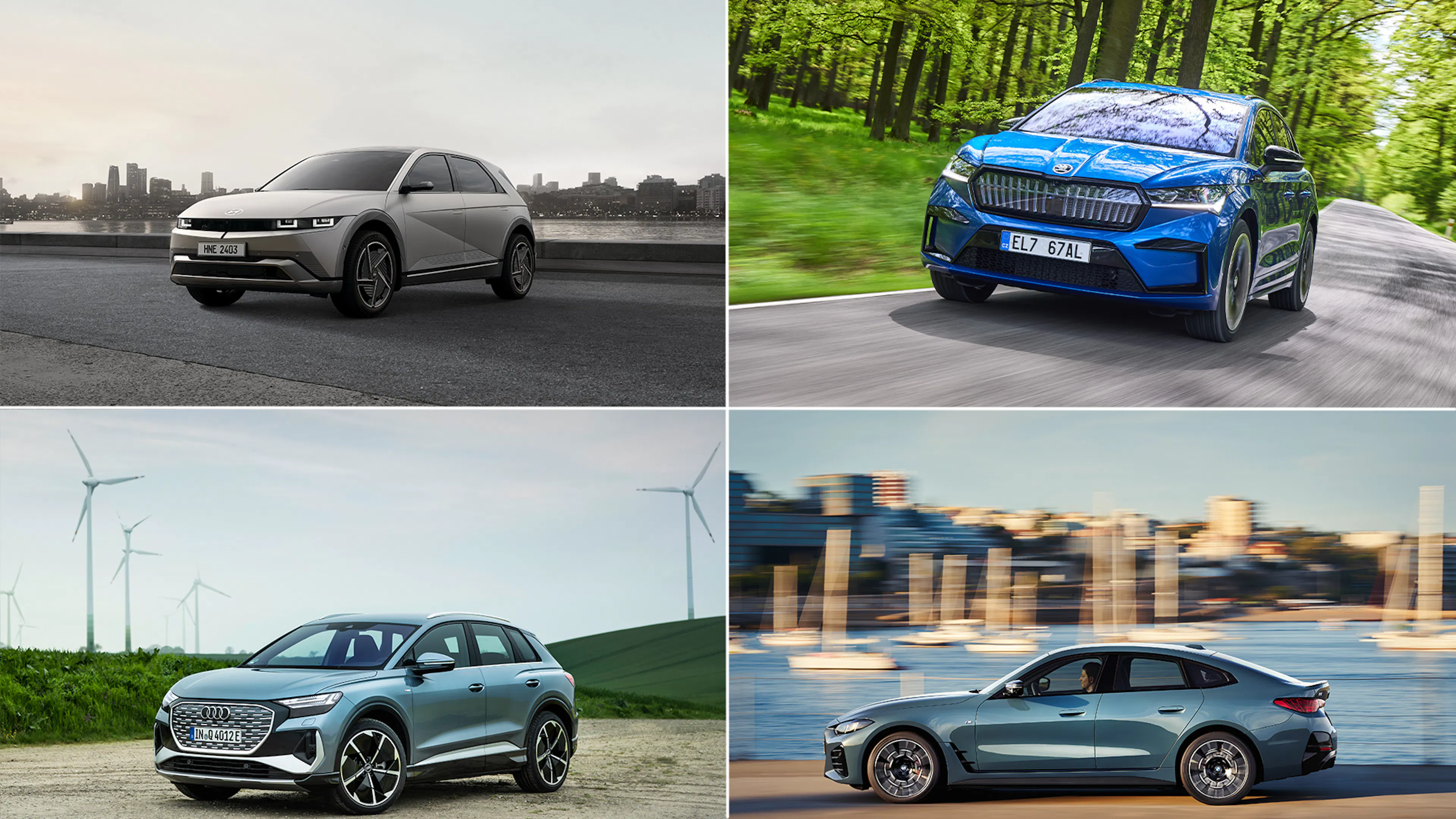 Eine Collage aus vier Autos: ein silberner Hyundai Ioniq 5, ein blauer Skoda Enyaq, ein hellblauer Audi Q4 e-tron, ein blauer BMW i4
