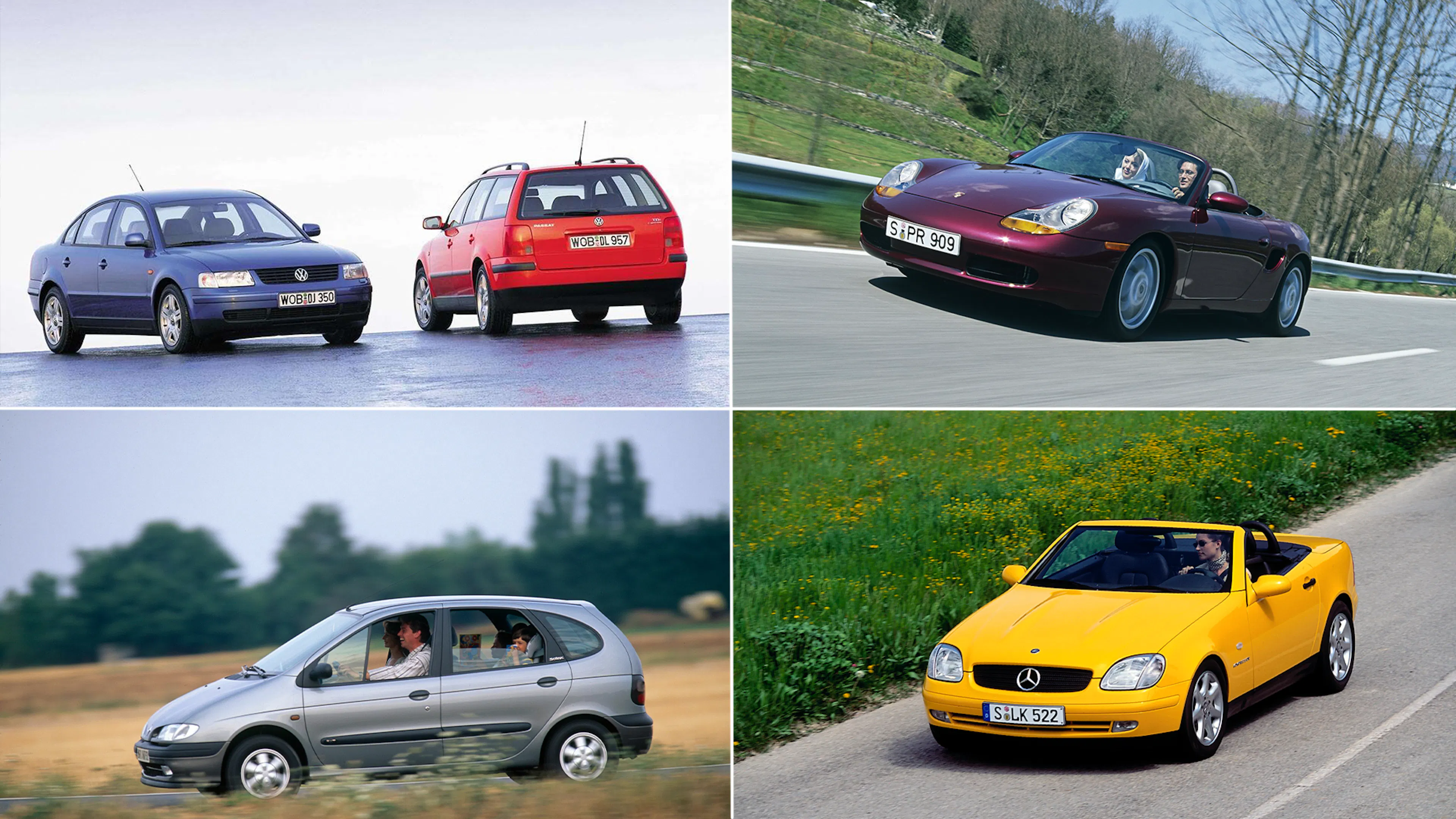 Eine Kollage von vier Autos (VW Passat, Porsche Boxster, Renault Scenic, Mercedes SLK)