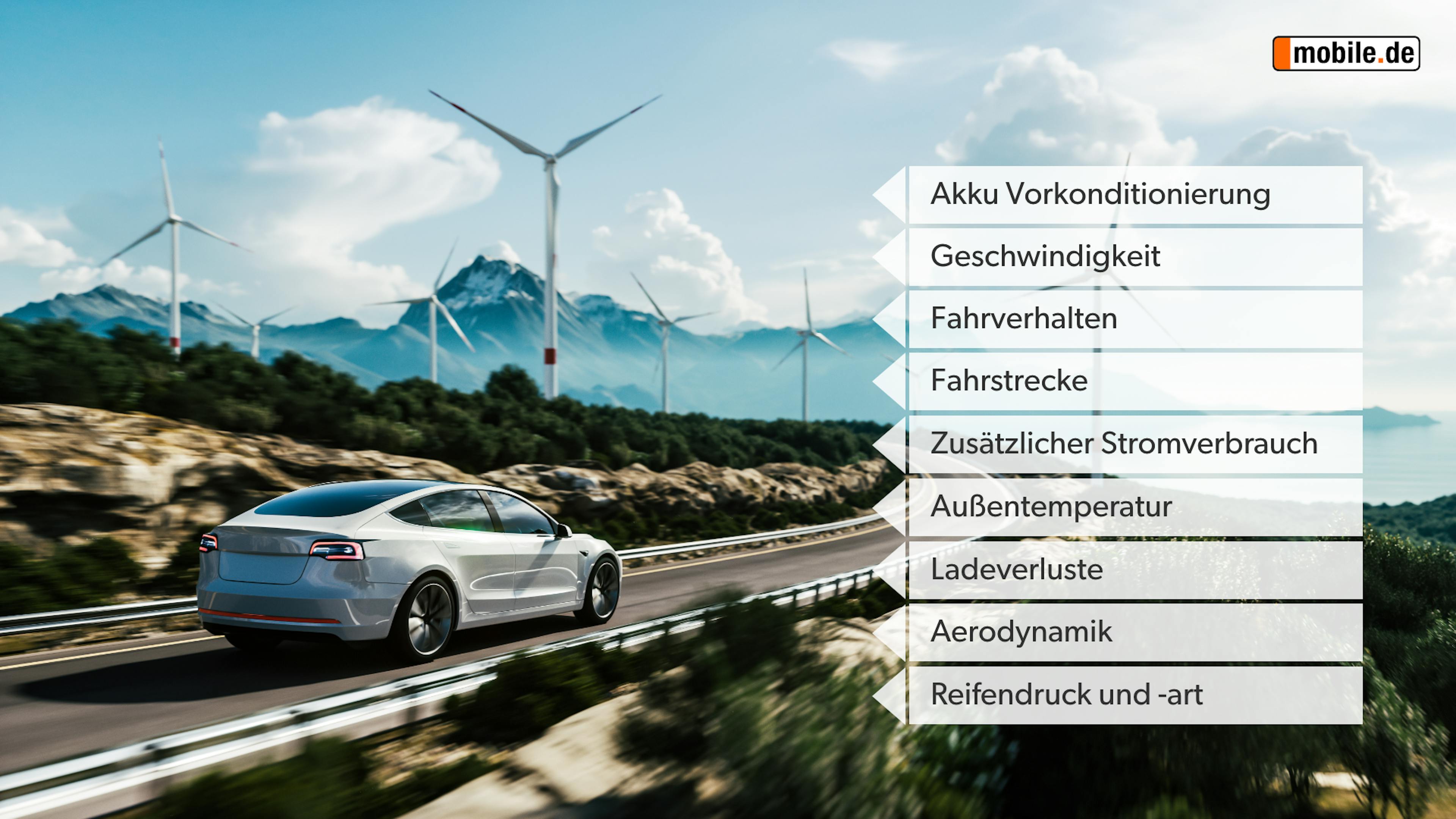 Eine Grafik zählt Faktoren für den Stromverbrauch bei E-Autos auf.