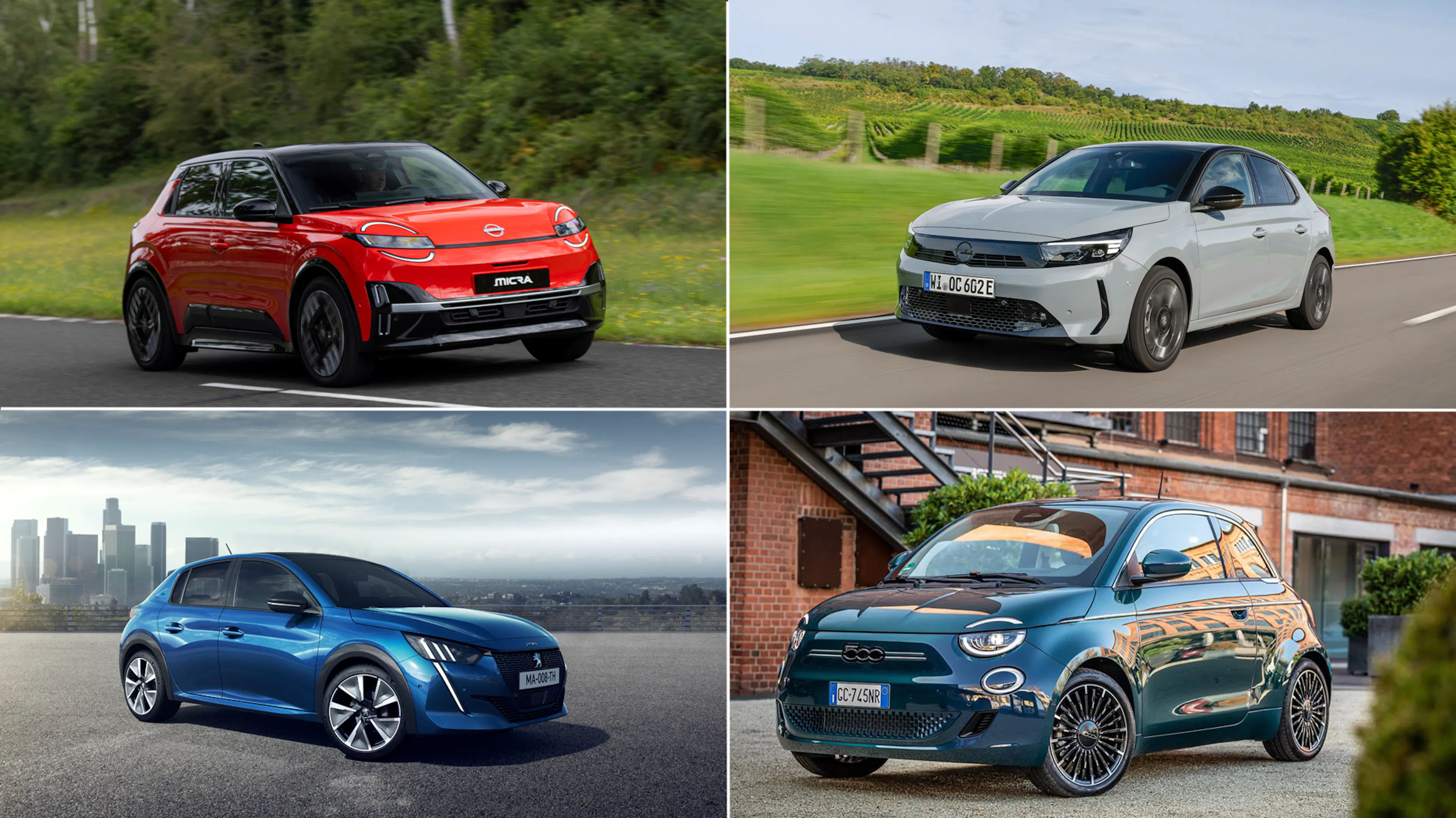 Collage mit vier der besten Stadtautos 2026: Nissan Micra, Opel Corsa Electric, Peugeot 208 und Fiat 500e.
