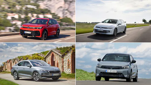 Eine Collage zeigt die beliebtesten Autos im ersten Quartal 2026: VW Golf, VW Tiguan, Skoda Octavia und Opel Corsa.