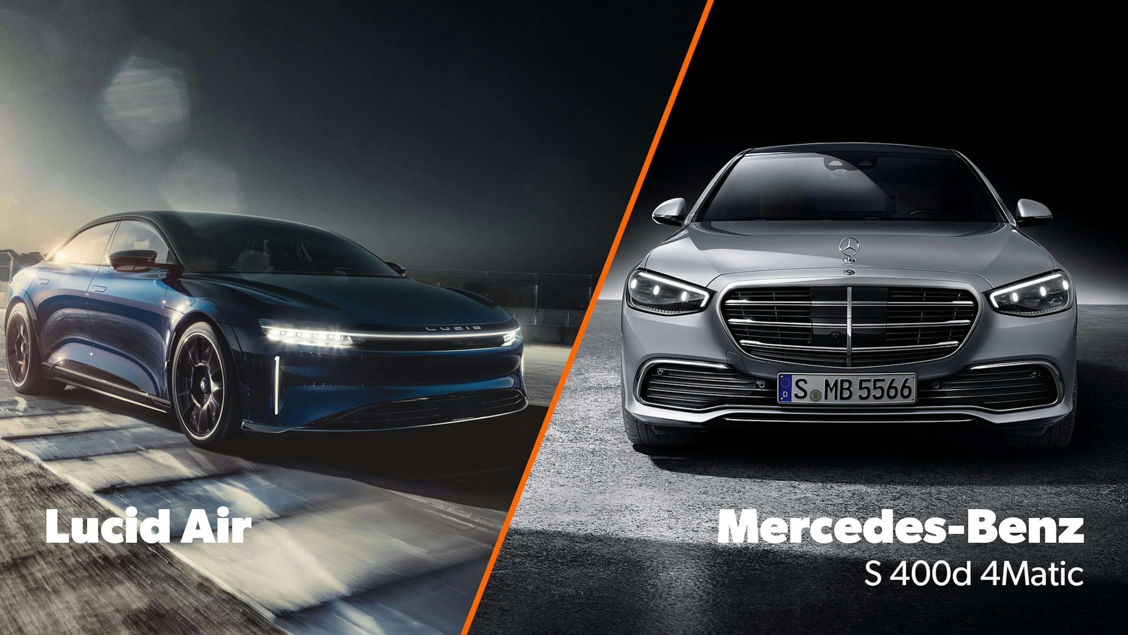 Eine Fotocollage des Elektroautos Lucid Air und des Diesels Mercedes-Benz S 400d 4Matic nebeneinander. 