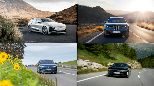 Das Bild zeigt vier Autos mit einer besonders großen Reichweite: Audi A6 Avant e-tron, BMW iX3 50 xDrive, VW ID.7 Pro S und Lucid Air Grand Touring.