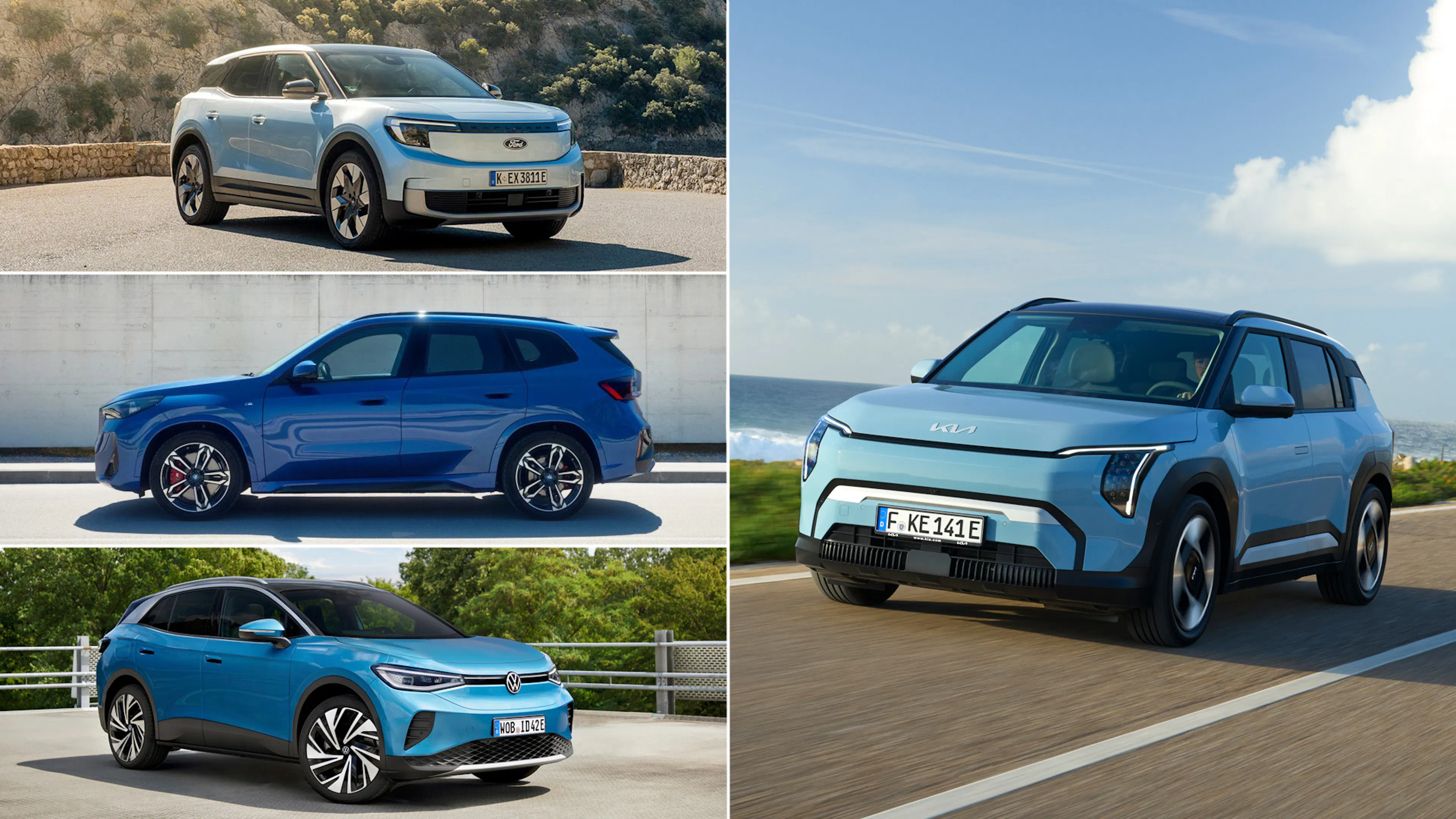 Eine Collage zeigt vier E-SUVs: einen Ford Explorer, einen BMW iX1, einen VW ID.4 und einen Kia EV3.